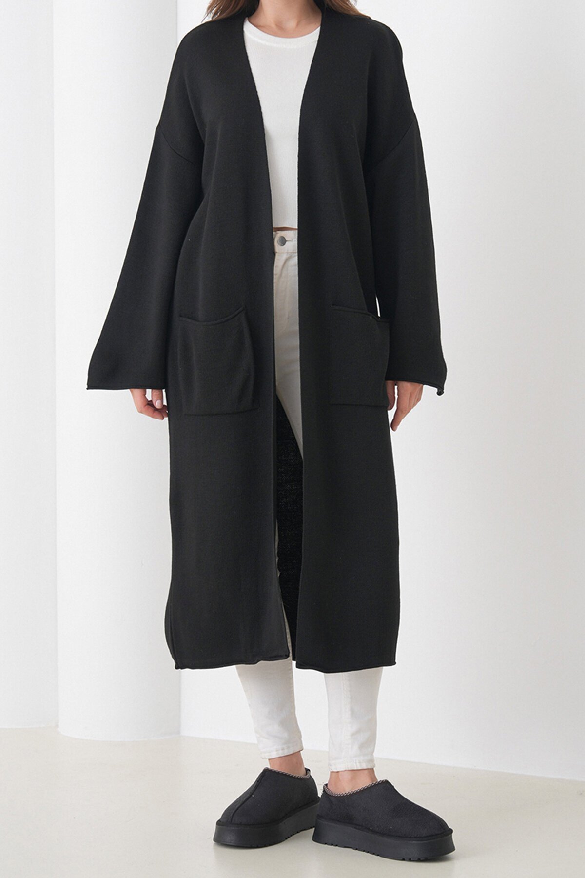 Geniş Kol Çift Cepli Uzun Triko Hırka