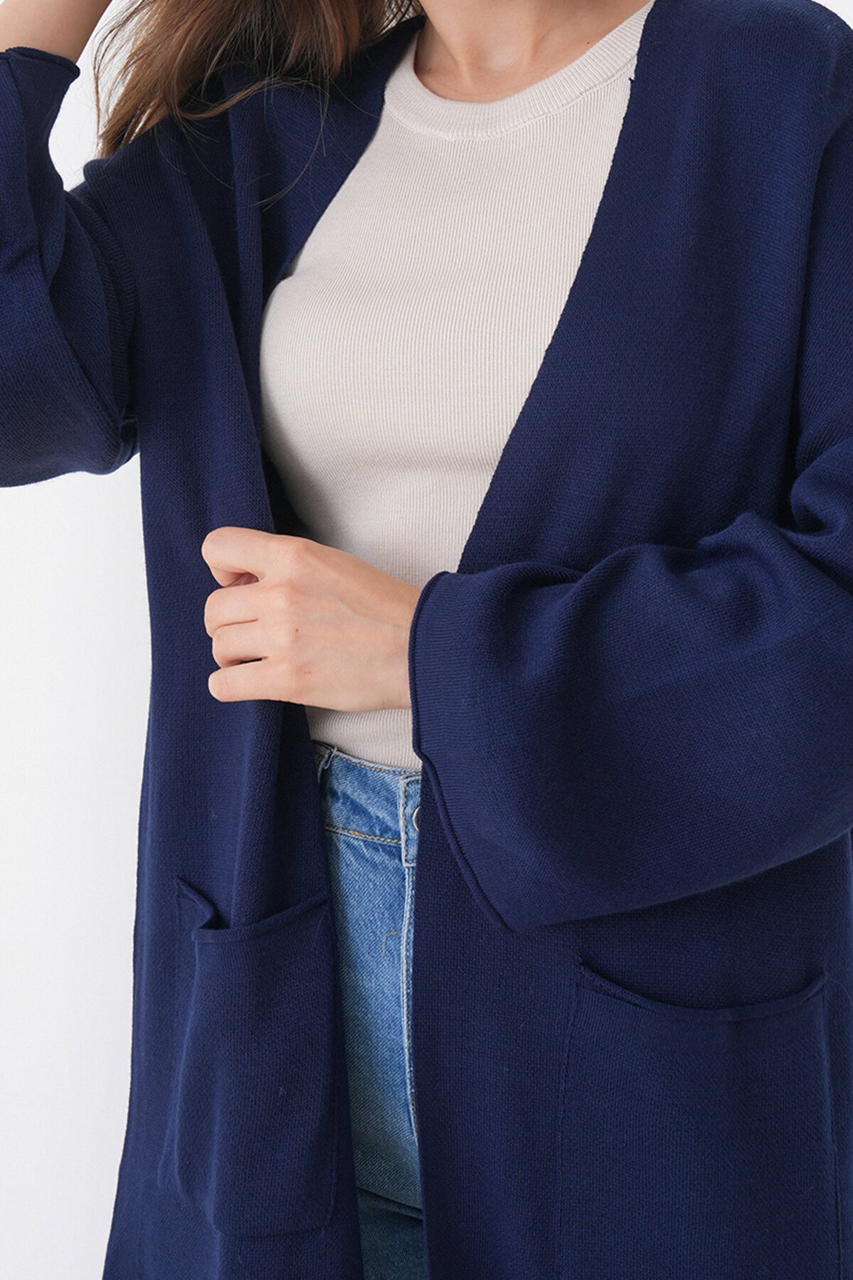 Geniş Kol Çift Cepli Uzun Triko Hırka