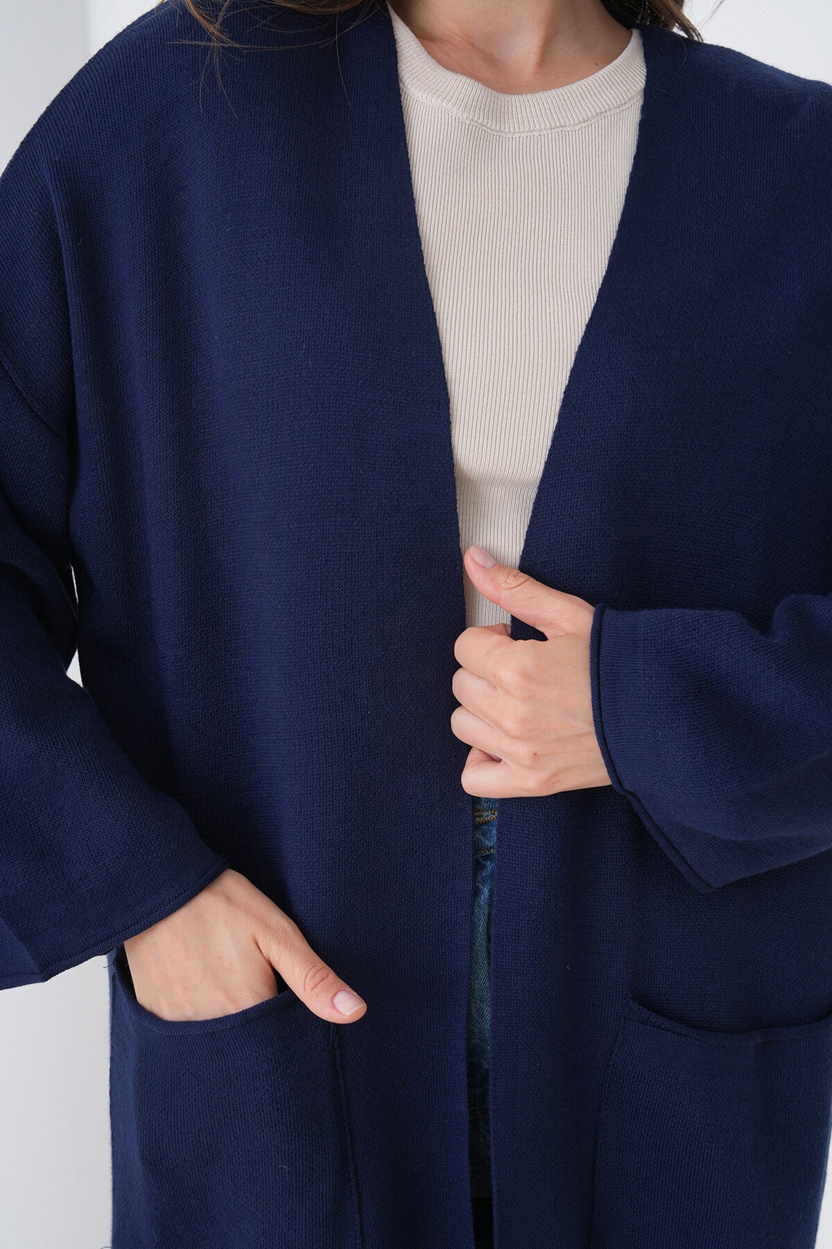 Geniş Kol Çift Cepli Uzun Triko Hırka