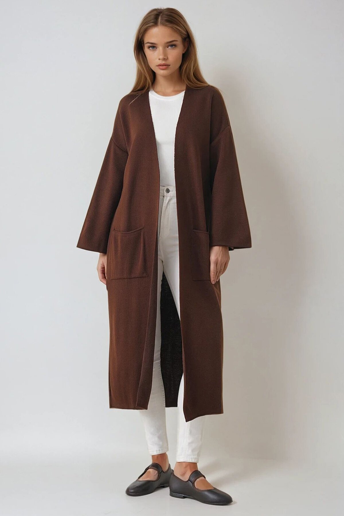 Geniş Kol Çift Cepli Uzun Triko Hırka