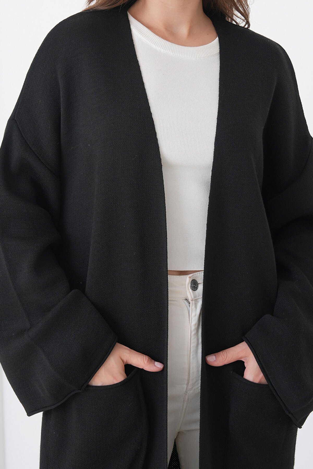 Geniş Kol Çift Cepli Uzun Triko Hırka