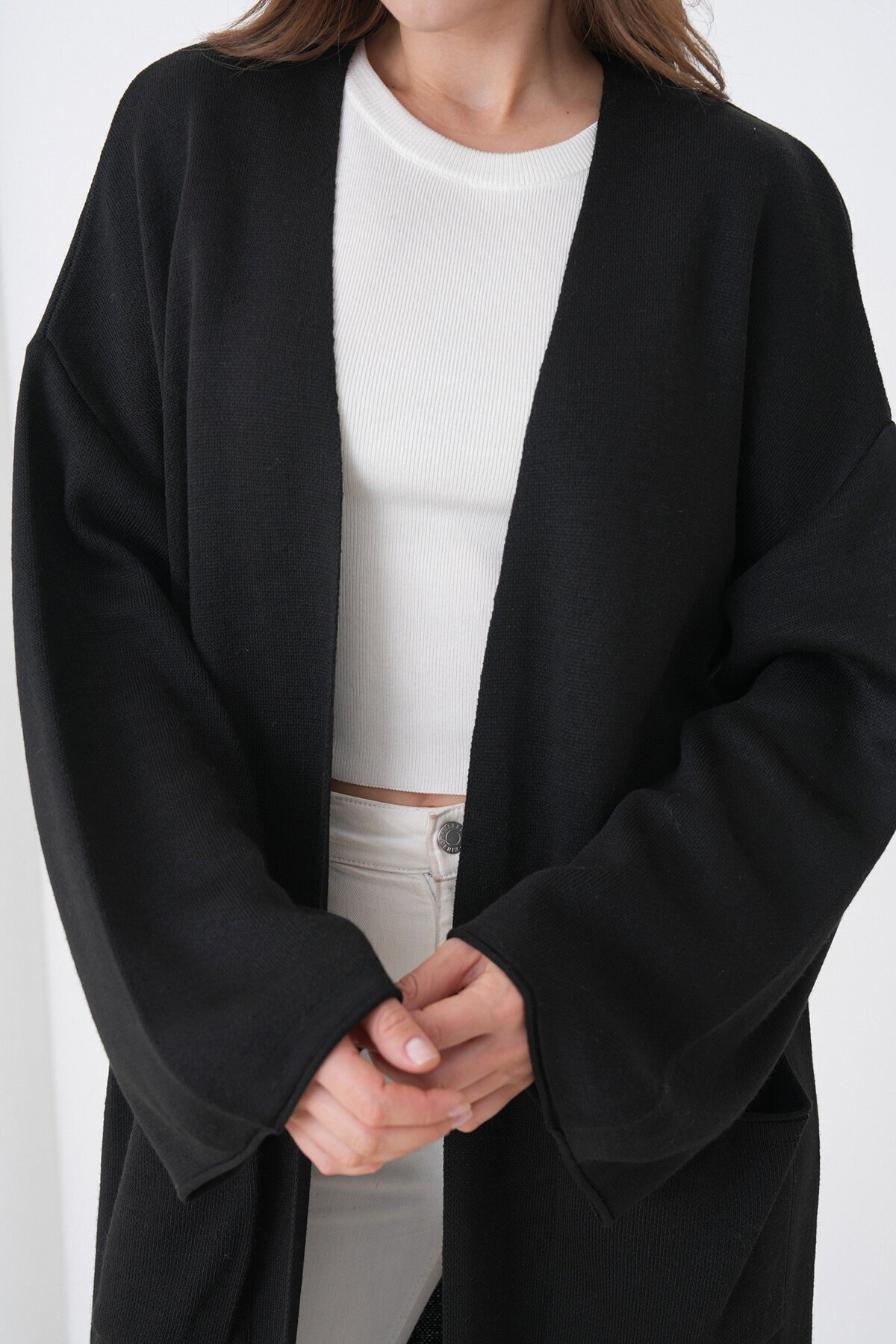 Geniş Kol Çift Cepli Uzun Triko Hırka