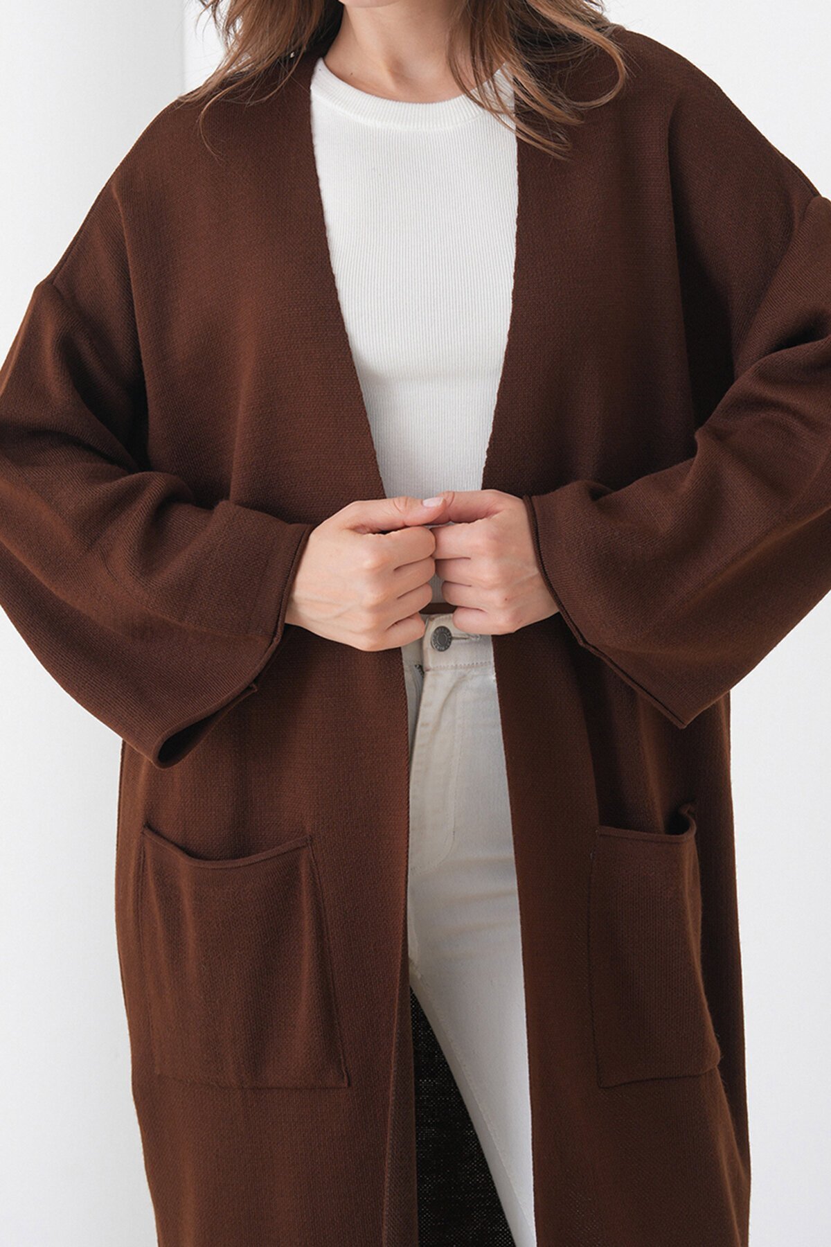 Geniş Kol Çift Cepli Uzun Triko Hırka