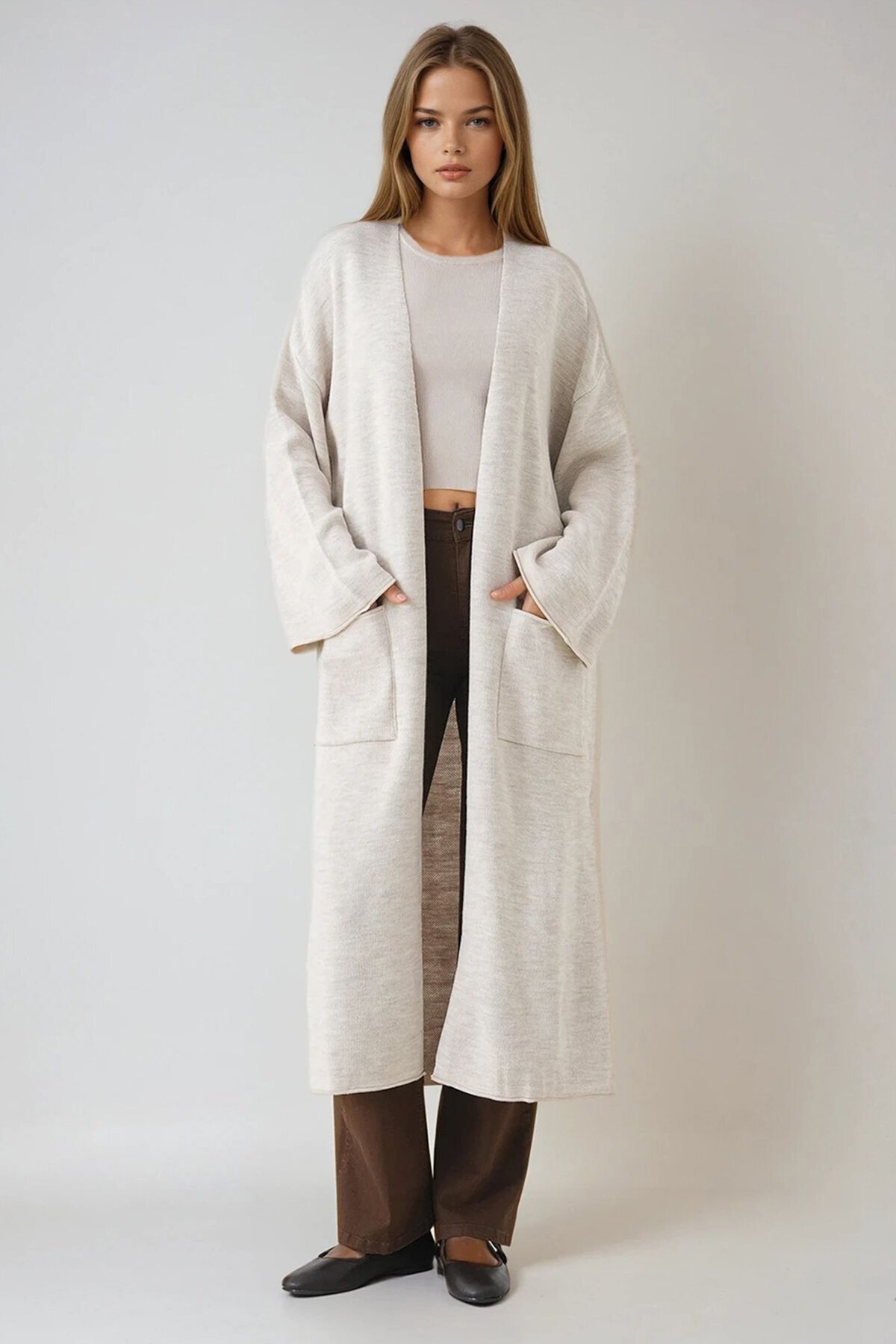 Geniş Kol Çift Cepli Uzun Triko Hırka