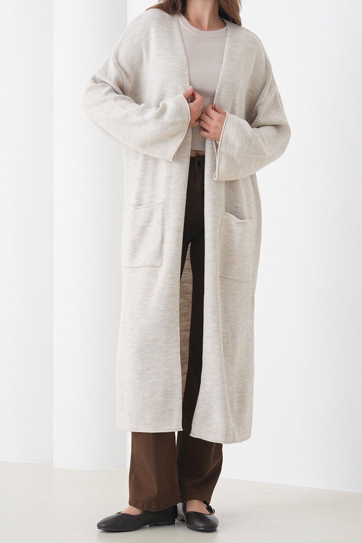 Geniş Kol Çift Cepli Uzun Triko Hırka