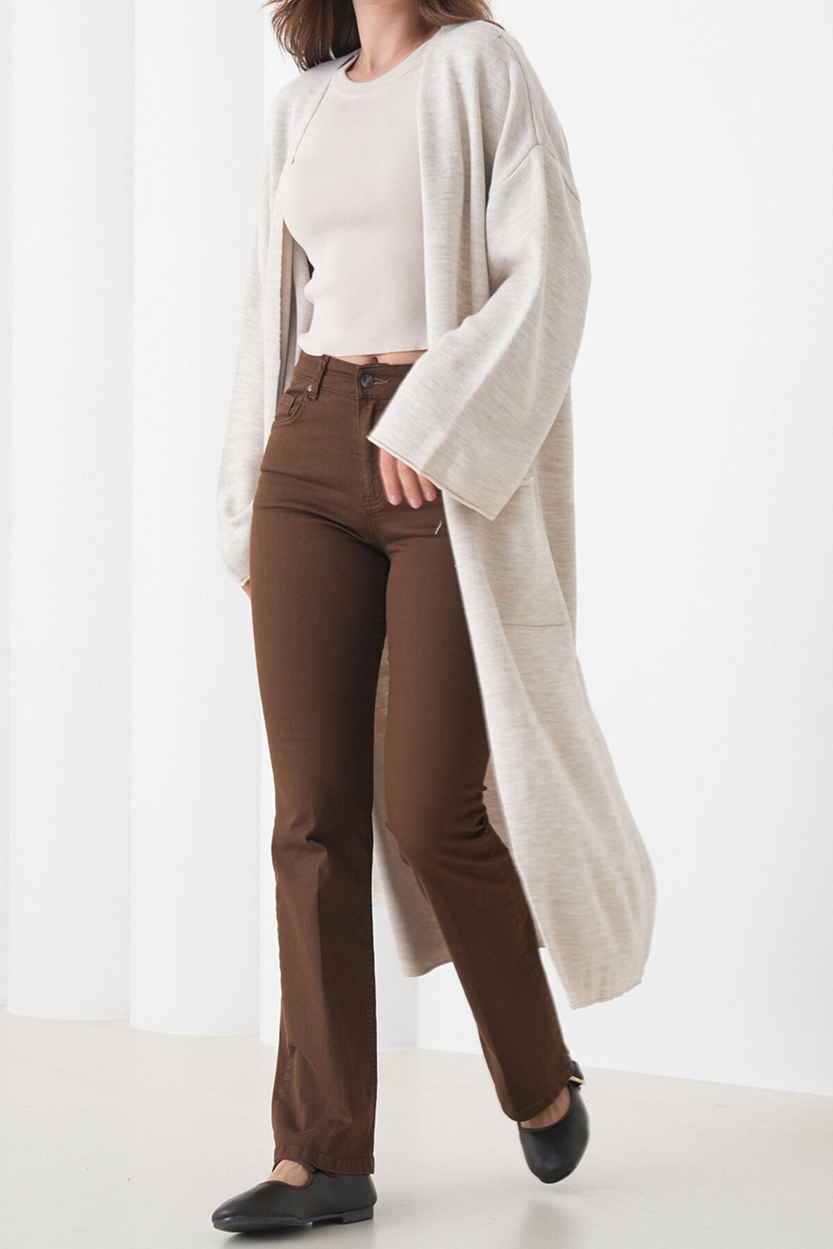 Geniş Kol Çift Cepli Uzun Triko Hırka