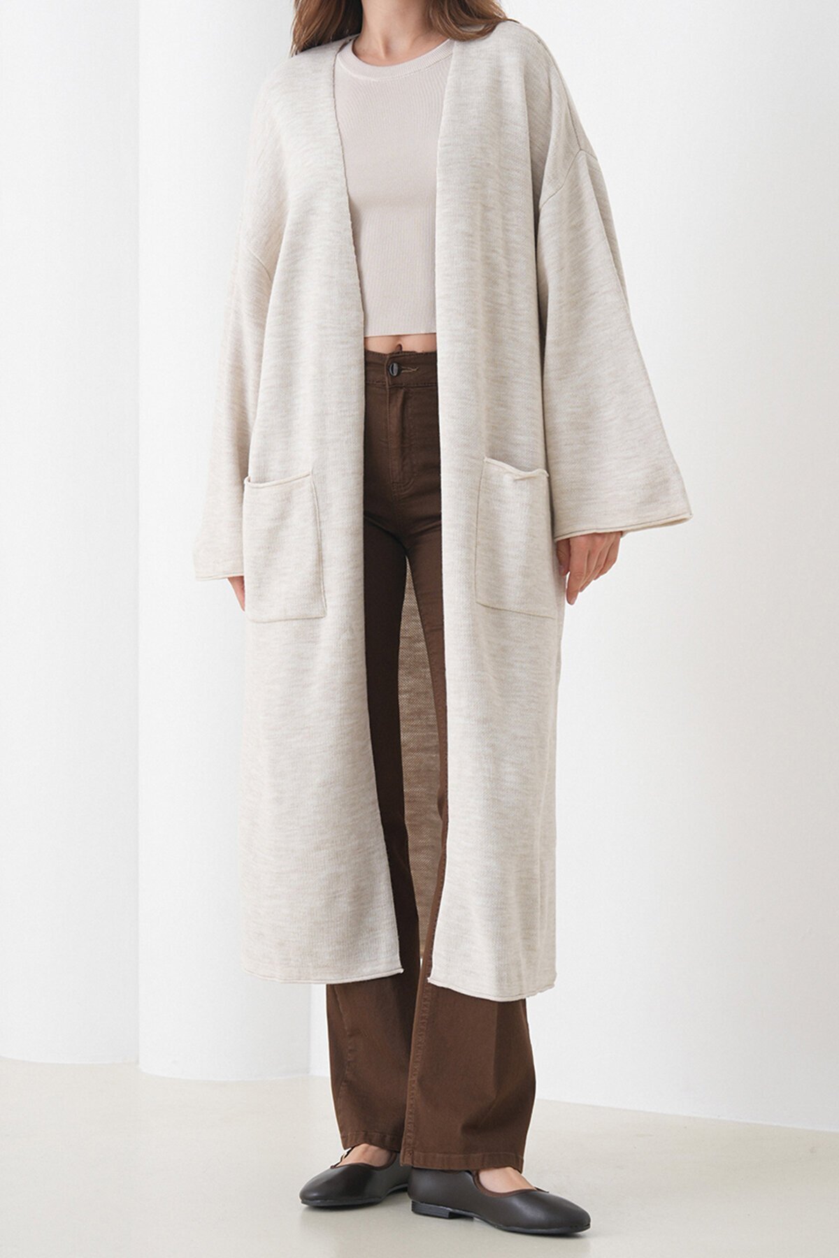 Geniş Kol Çift Cepli Uzun Triko Hırka