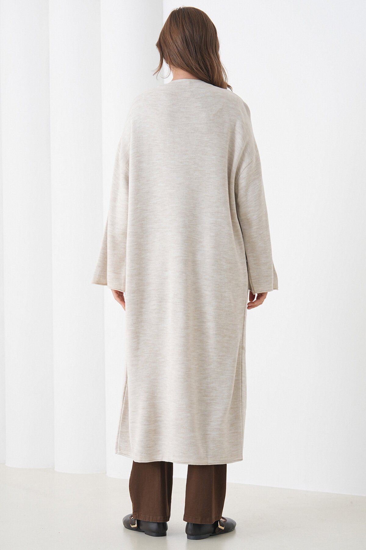 Geniş Kol Çift Cepli Uzun Triko Hırka