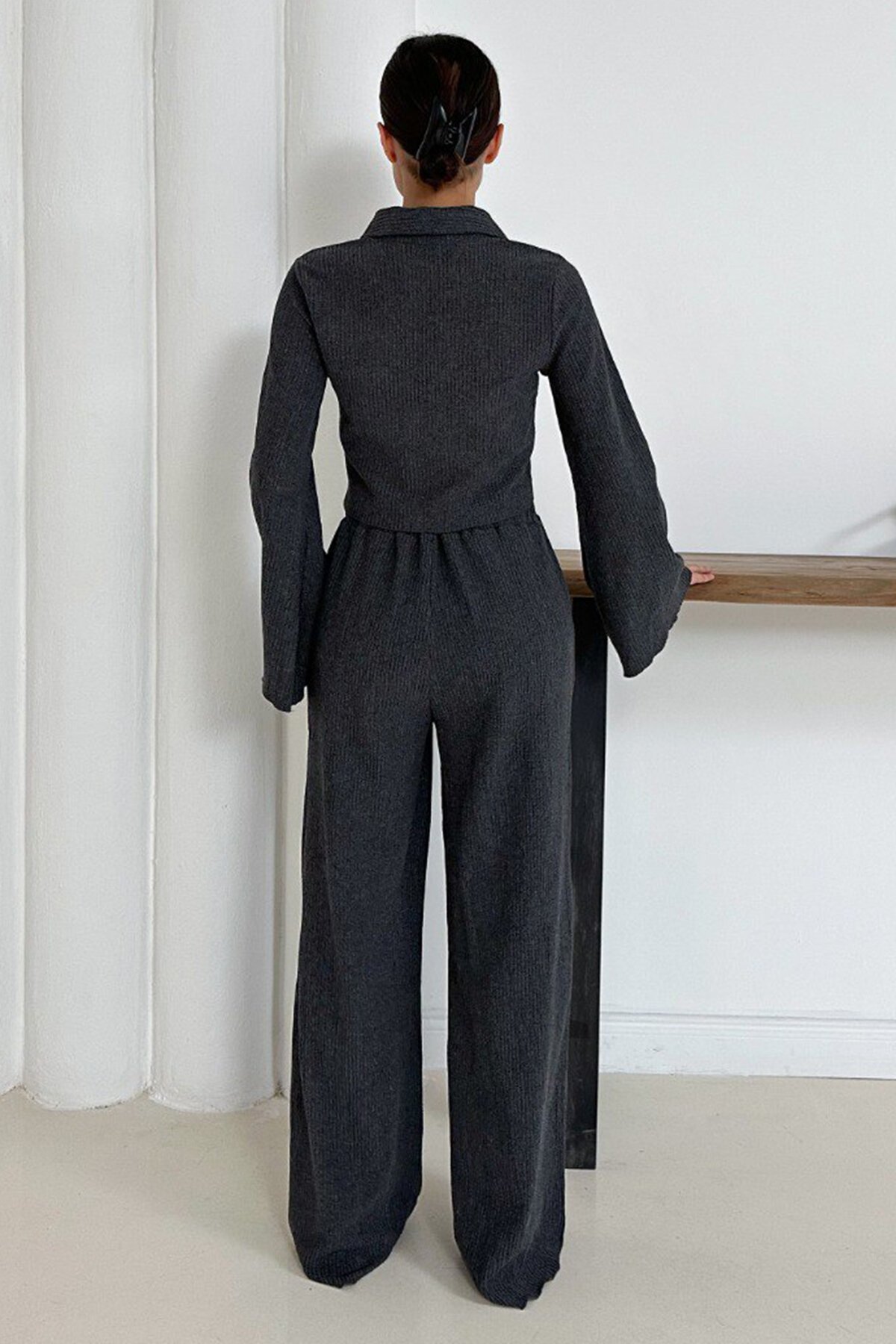 Geniş Kol Crop Gömlek Ve Beli Lastikli Pantolon Fitilli Takım