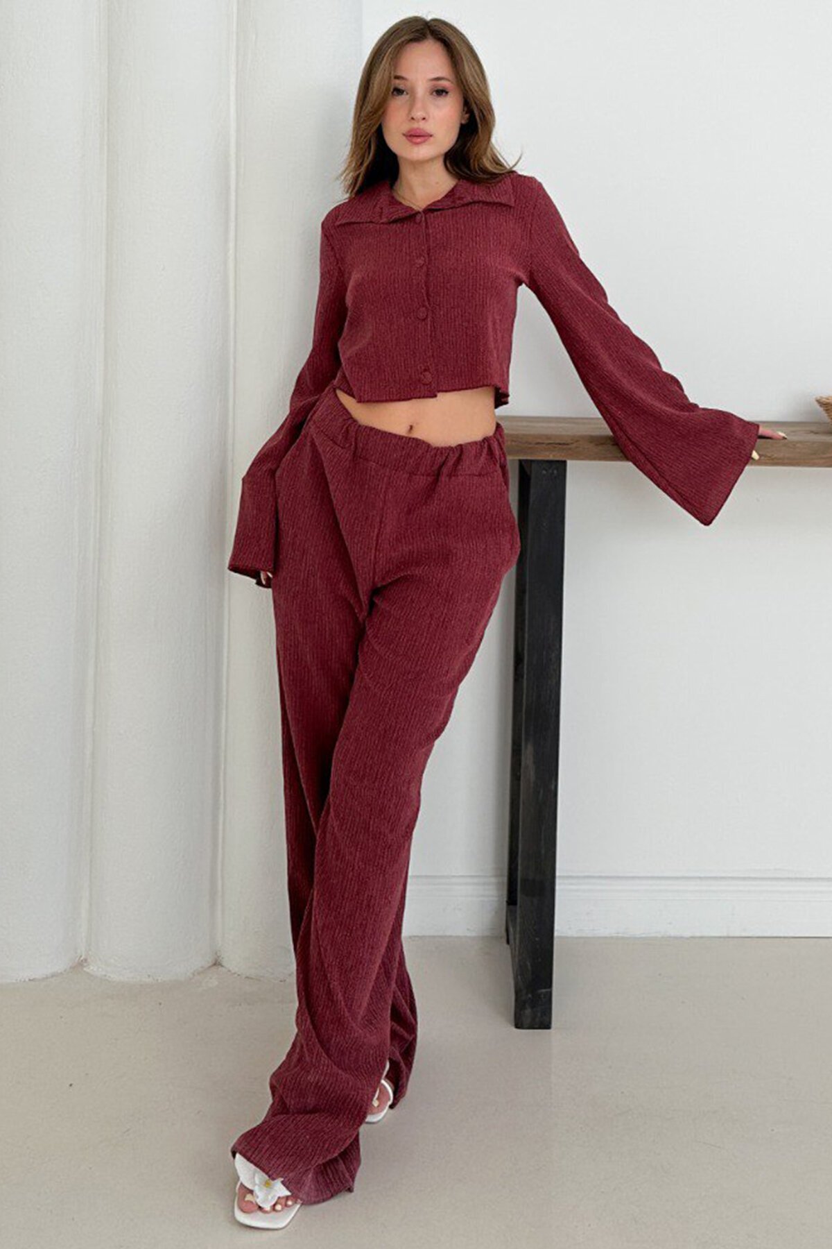 Geniş Kol Crop Gömlek Ve Beli Lastikli Pantolon Fitilli Takım