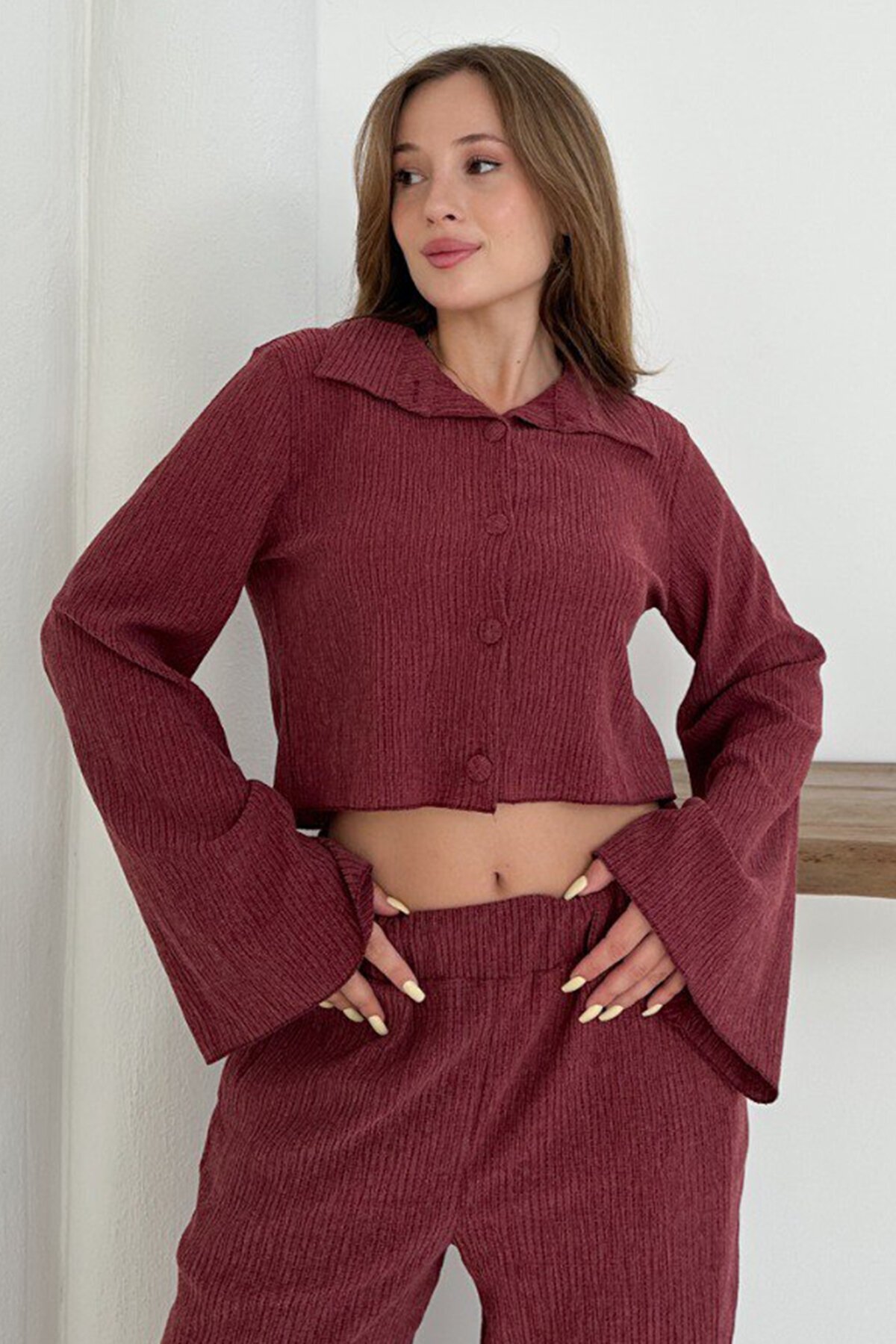 Geniş Kol Crop Gömlek Ve Beli Lastikli Pantolon Fitilli Takım