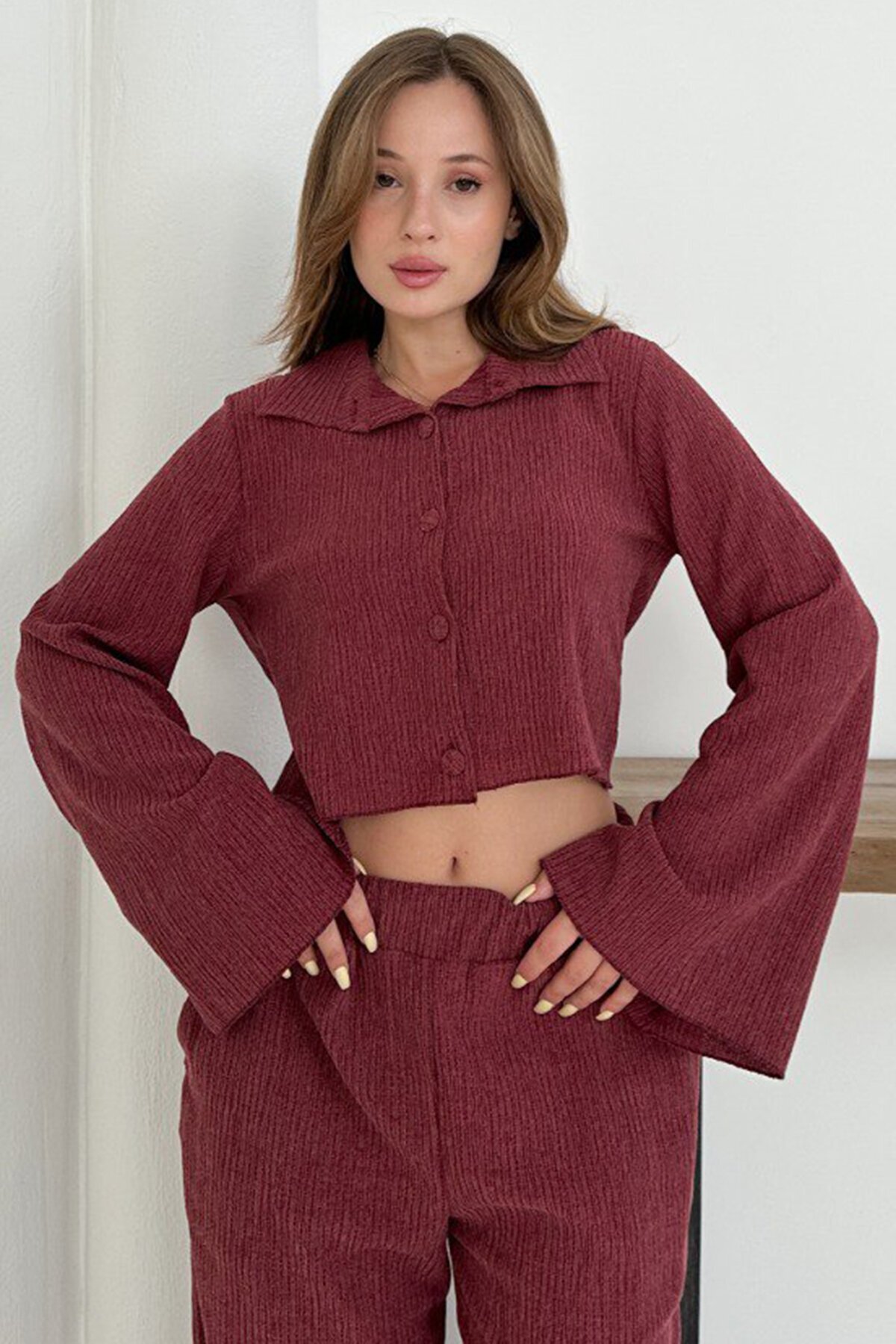 Geniş Kol Crop Gömlek Ve Beli Lastikli Pantolon Fitilli Takım