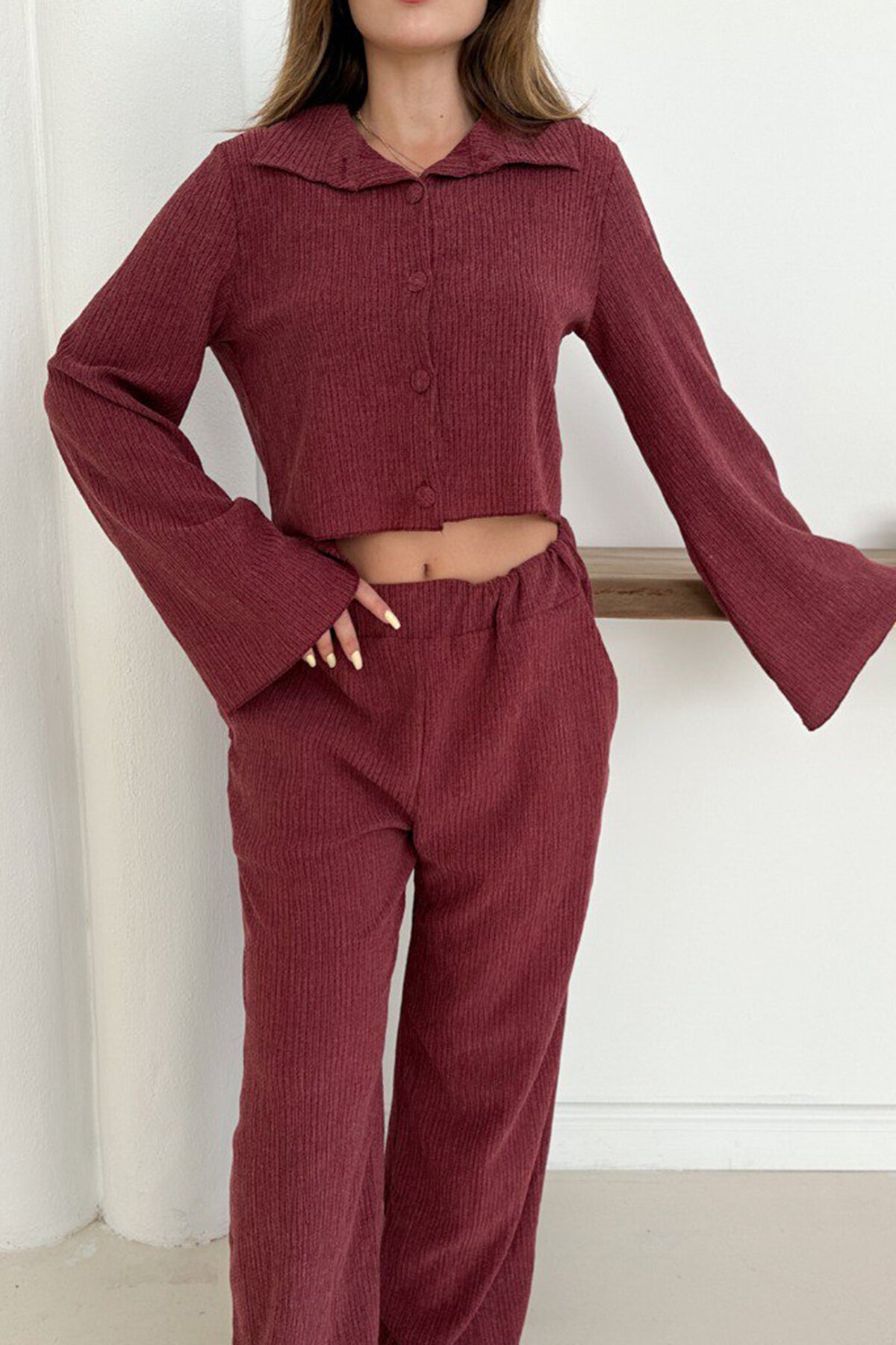 Geniş Kol Crop Gömlek Ve Beli Lastikli Pantolon Fitilli Takım