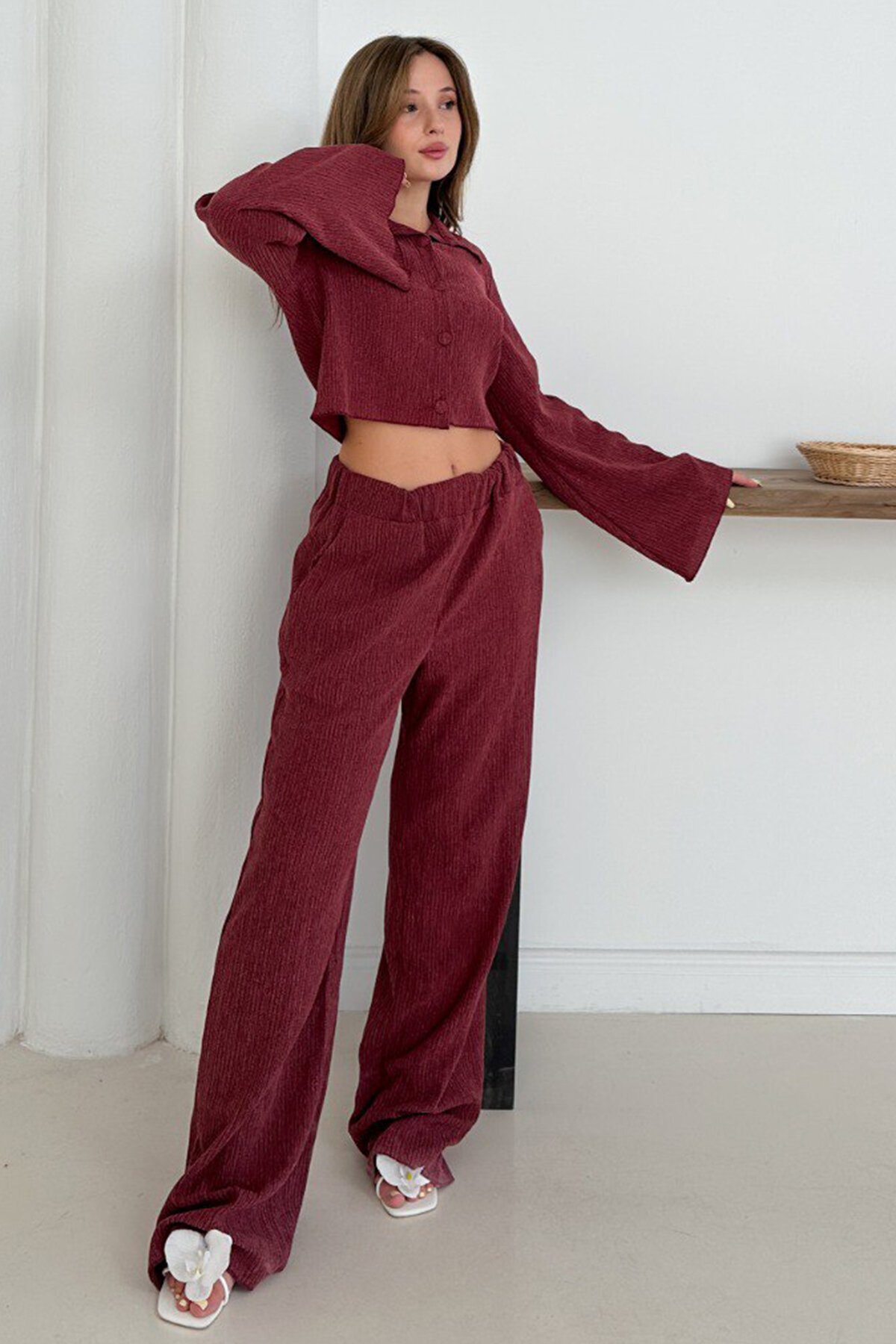 Geniş Kol Crop Gömlek Ve Beli Lastikli Pantolon Fitilli Takım