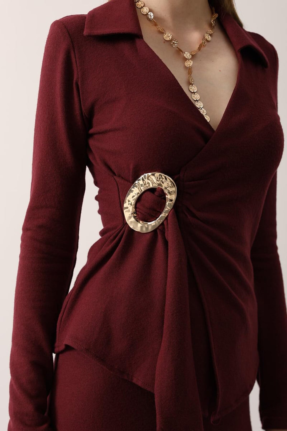 Gold Toka Detaylı Bluz Ve Beli Lastikli Midi Boy Etek Yumoş Takım