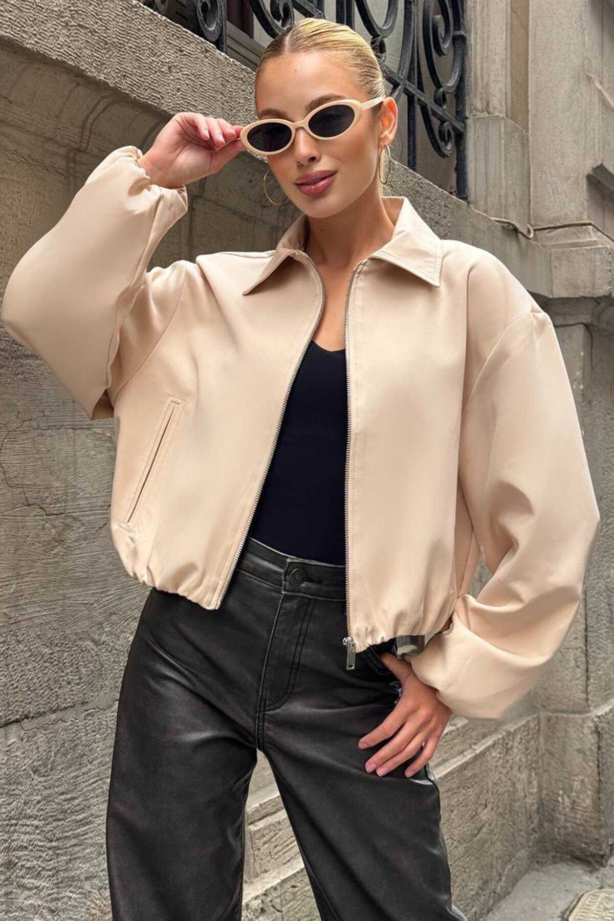Gömlek Yaka Beli Ve Kolları Lastikli Astarlı Bomber Ceket