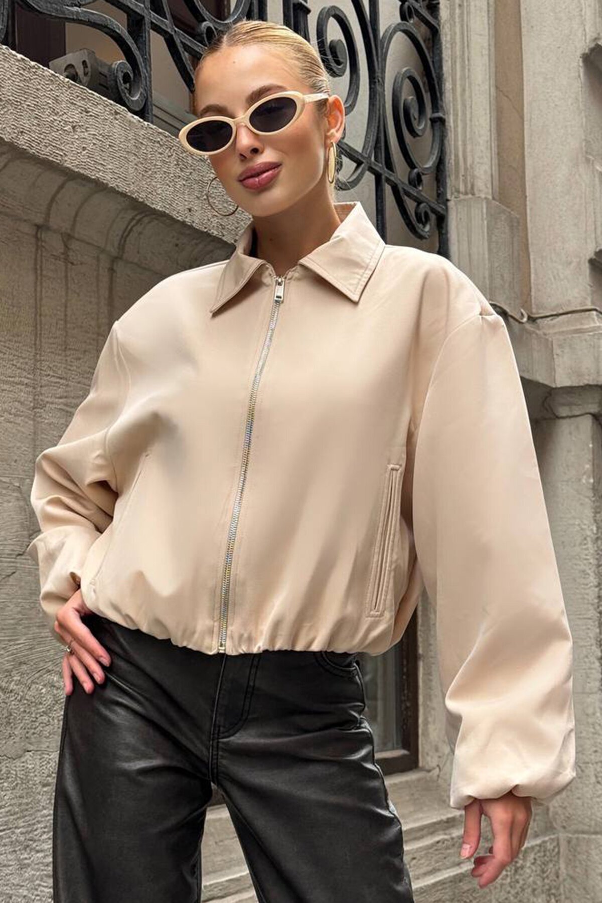 Gömlek Yaka Beli Ve Kolları Lastikli Astarlı Bomber Ceket