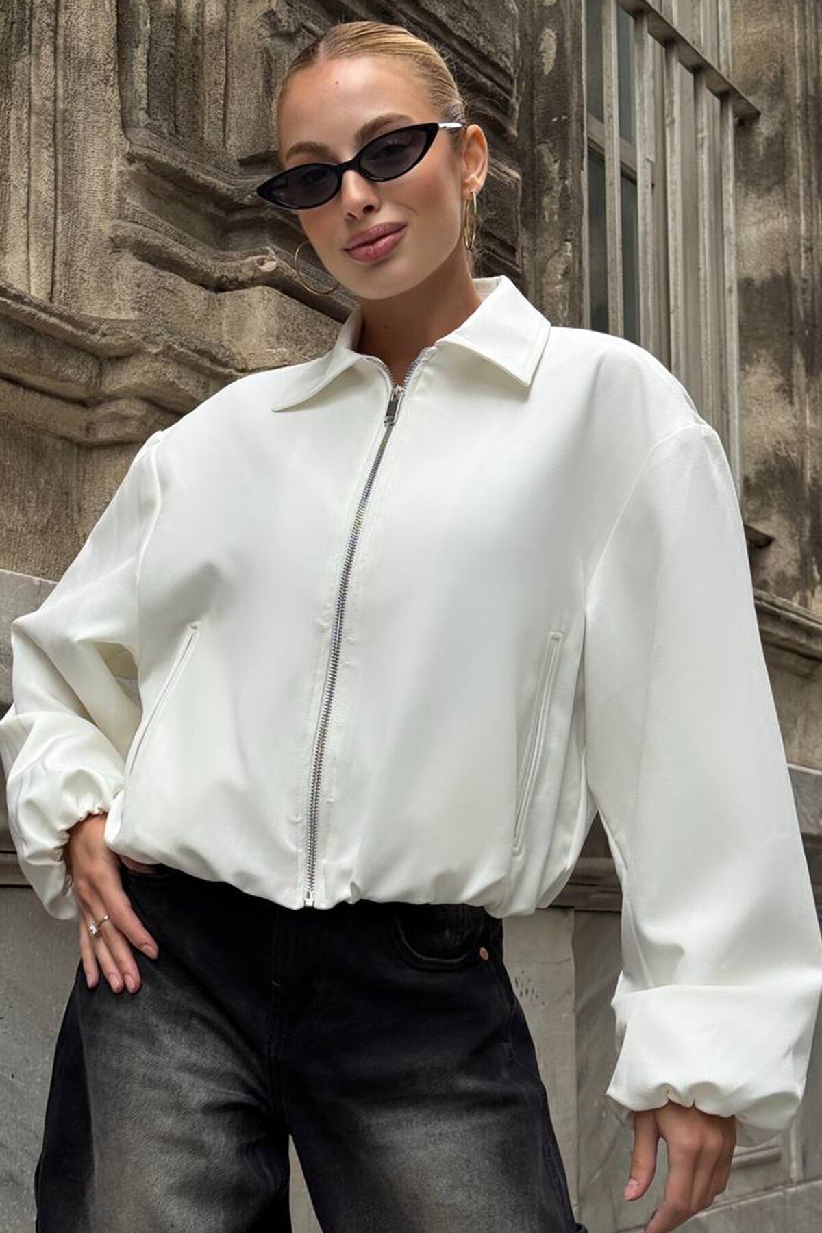 Gömlek Yaka Beli Ve Kolları Lastikli Astarlı Bomber Ceket