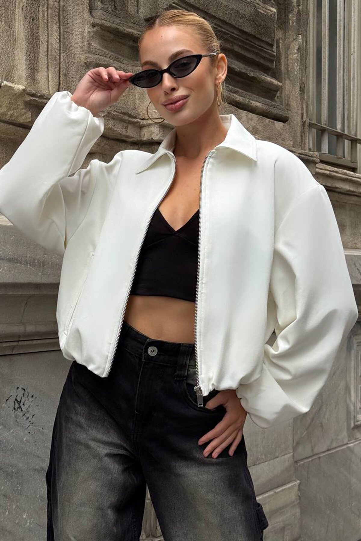 Gömlek Yaka Beli Ve Kolları Lastikli Astarlı Bomber Ceket