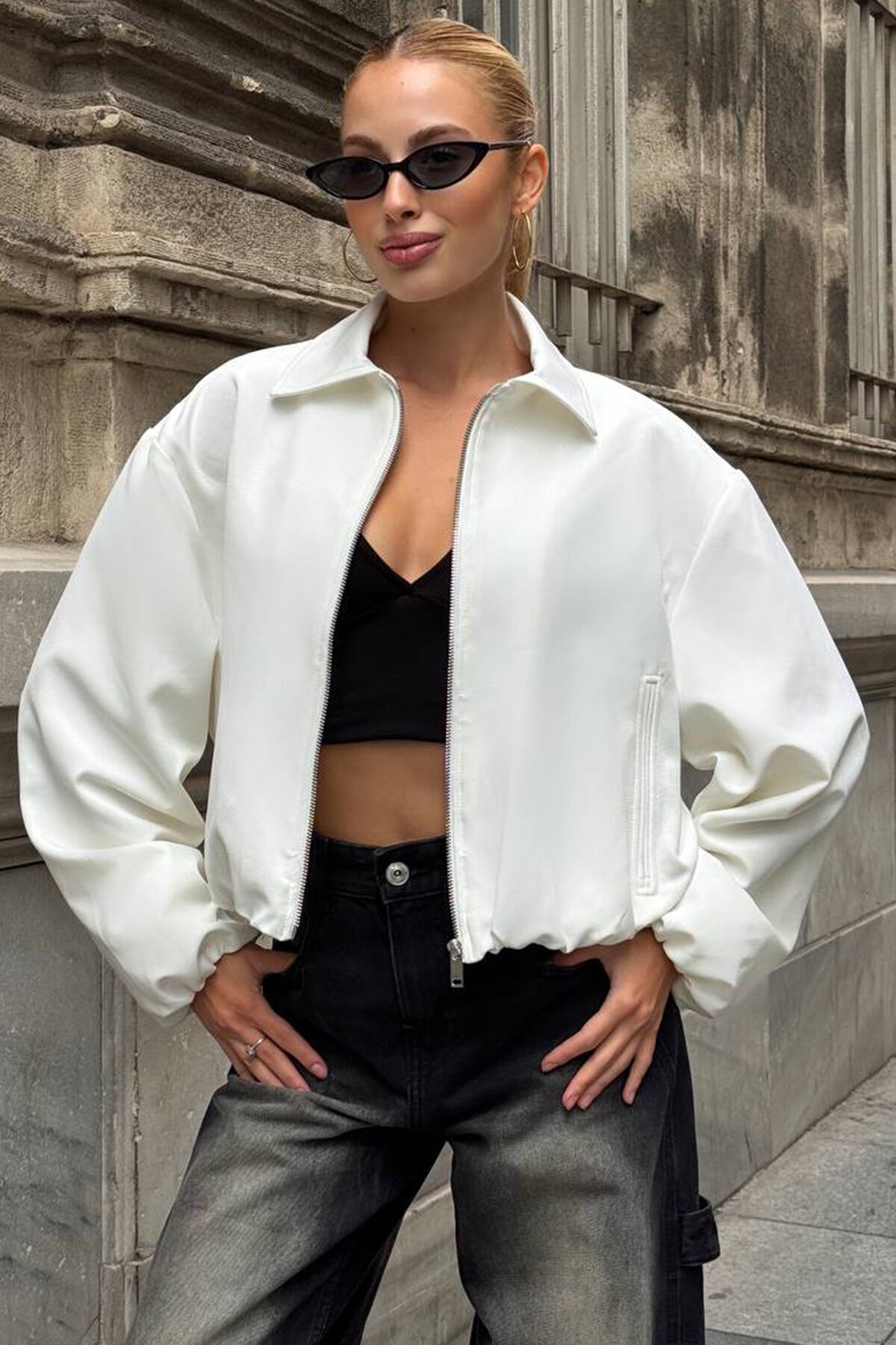 Gömlek Yaka Beli Ve Kolları Lastikli Astarlı Bomber Ceket