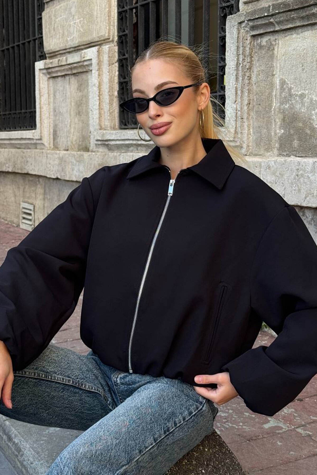 Gömlek Yaka Beli Ve Kolları Lastikli Astarlı Bomber Ceket