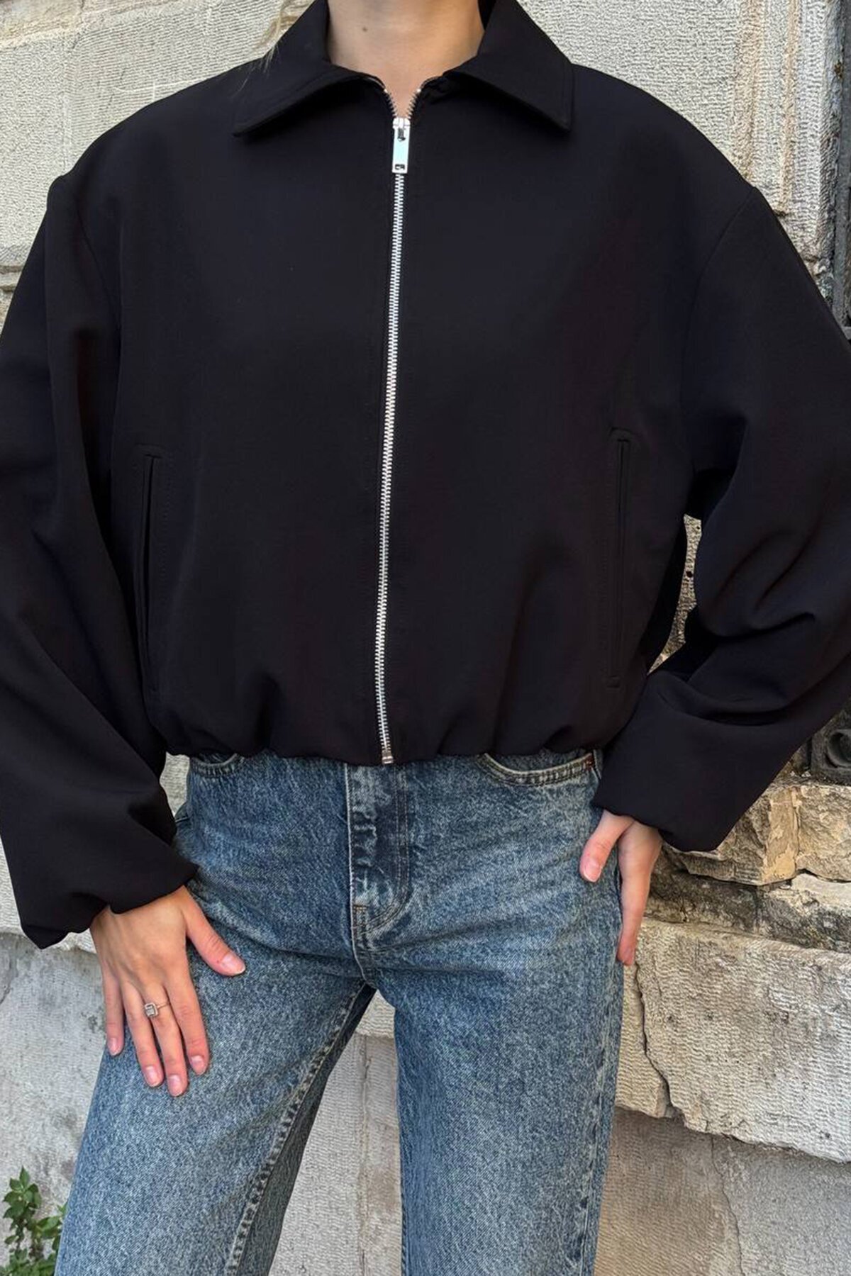 Gömlek Yaka Beli Ve Kolları Lastikli Astarlı Bomber Ceket