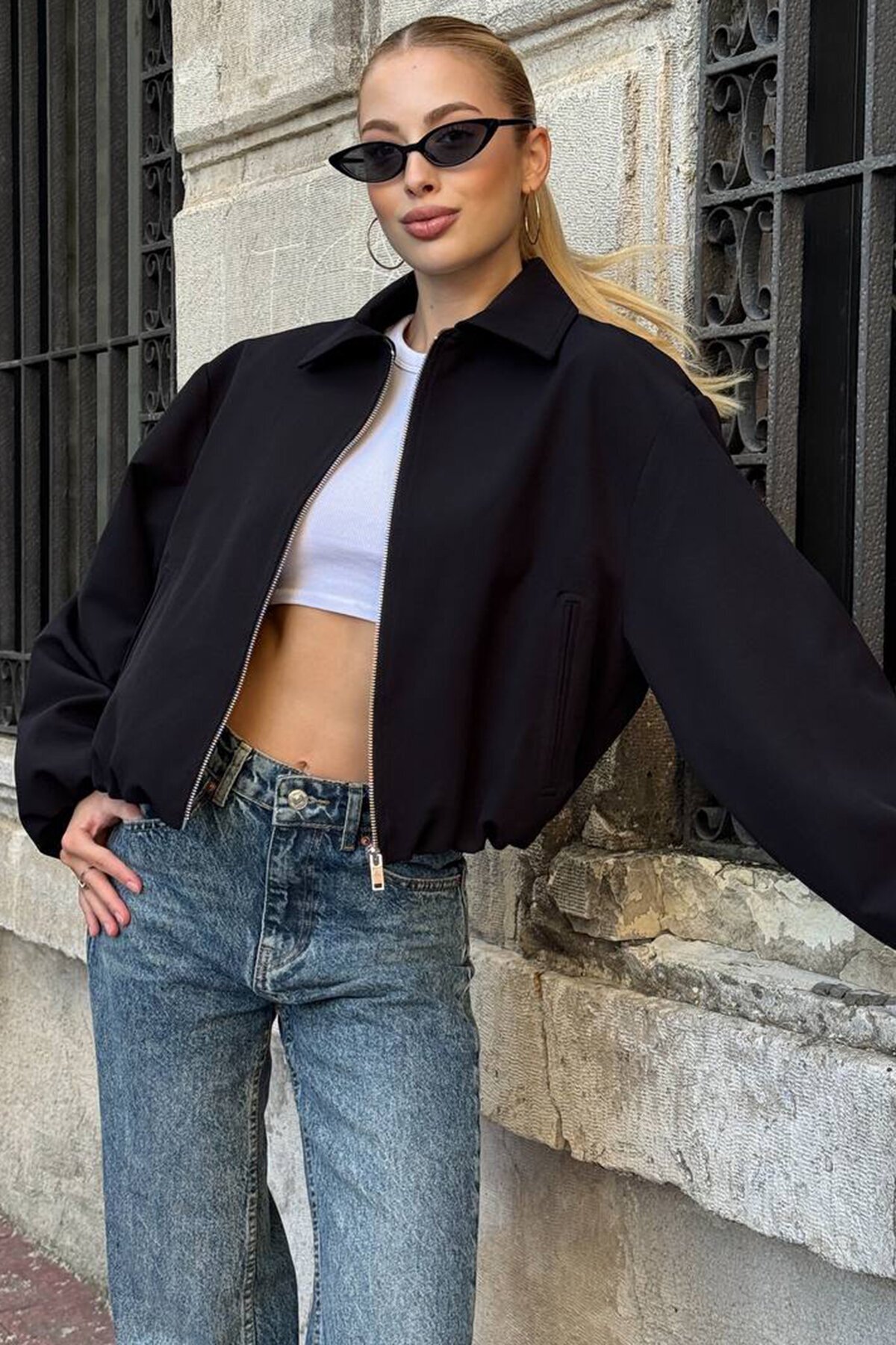 Gömlek Yaka Beli Ve Kolları Lastikli Astarlı Bomber Ceket