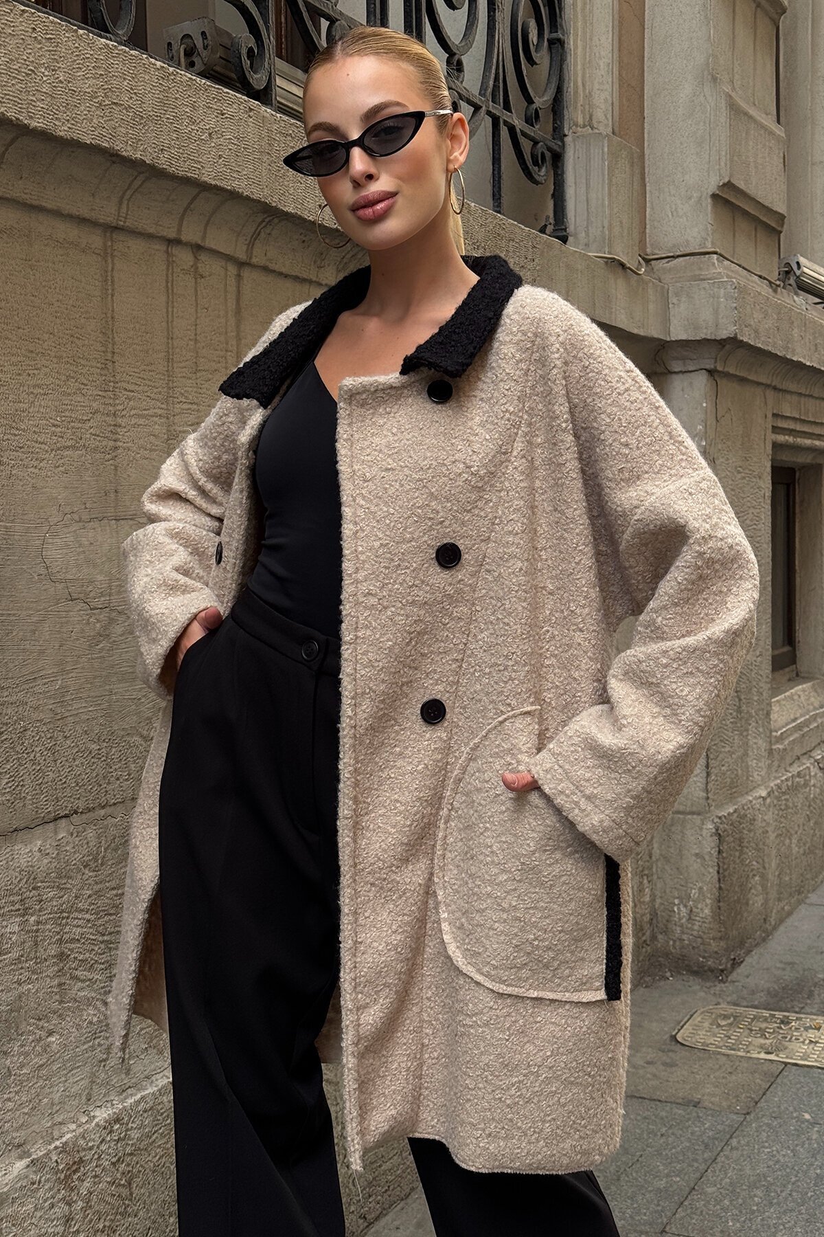 Gömlek Yaka Düğme Kapamalı Kaşe Kaban