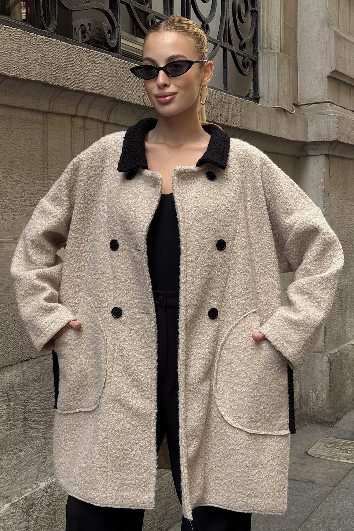 Gömlek Yaka Düğme Kapamalı Kaşe Kaban