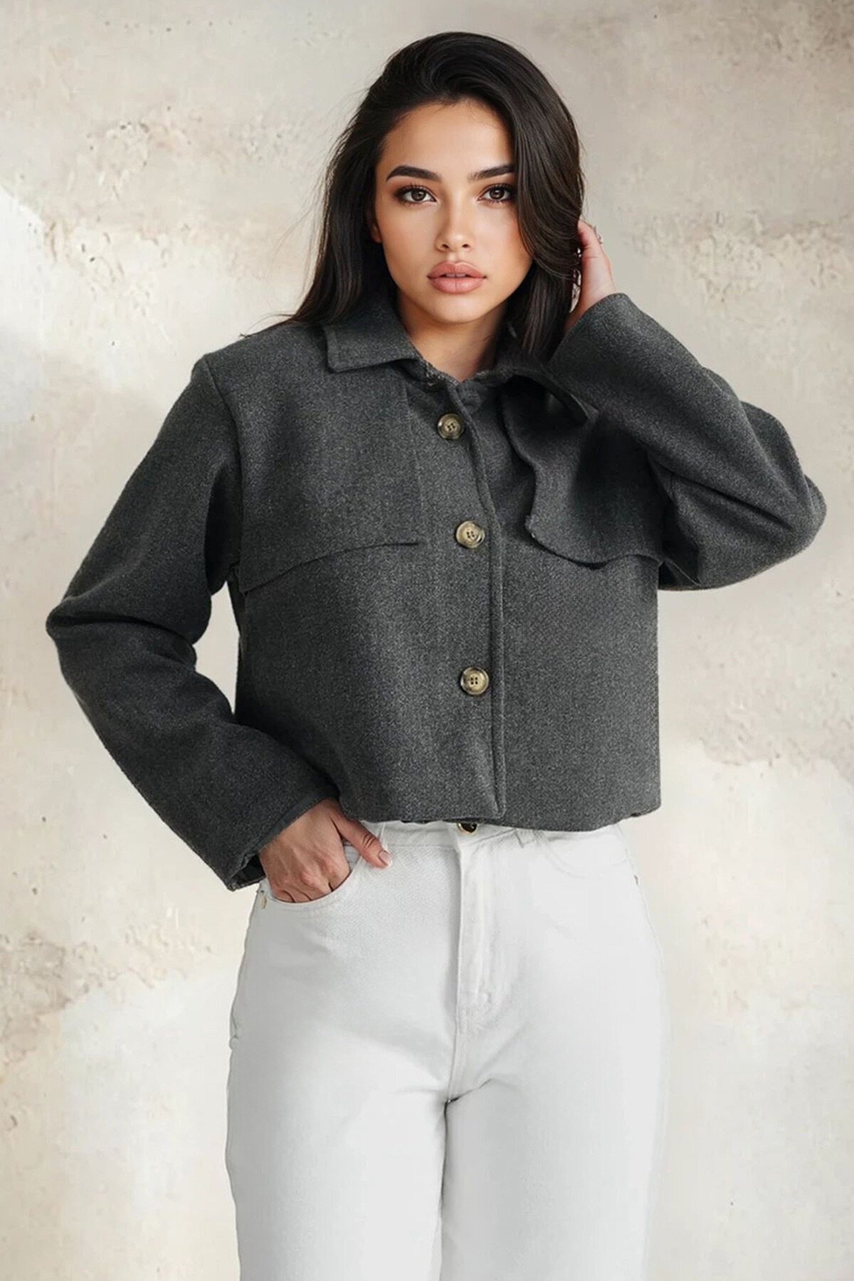 Gömlek Yaka Düğme Kapamalı Kısa Kaşe Astarlı Ceket