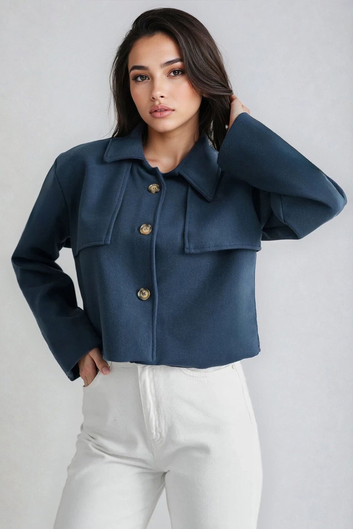 Gömlek Yaka Düğme Kapamalı Kısa Kaşe Astarlı Ceket