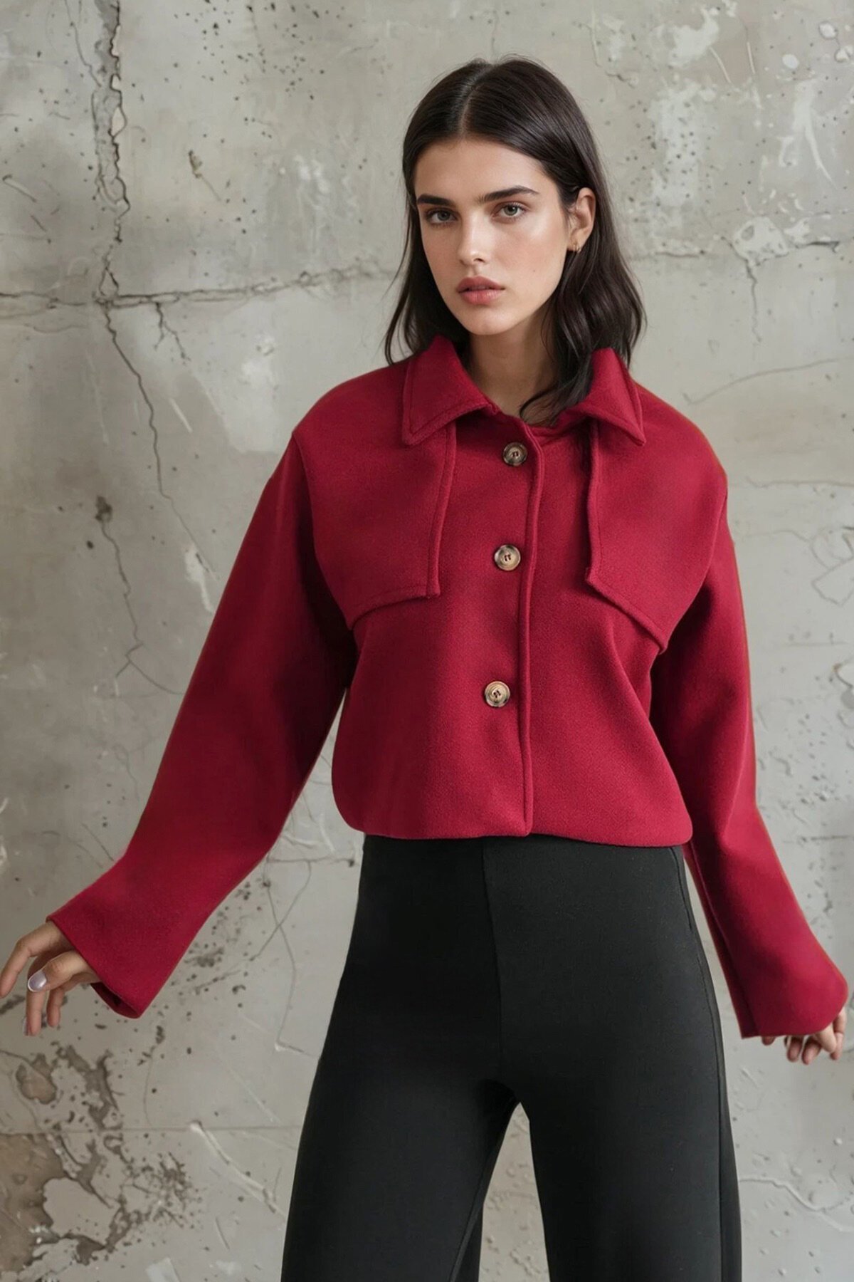 Gömlek Yaka Düğme Kapamalı Kısa Kaşe Astarlı Ceket