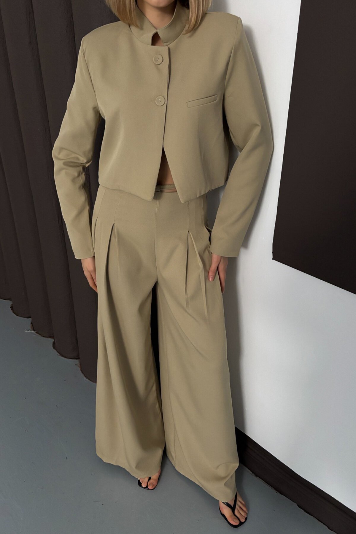 Hakim Yaka Blazer Ceket ve Pileli Palazzo Pantolon Takım