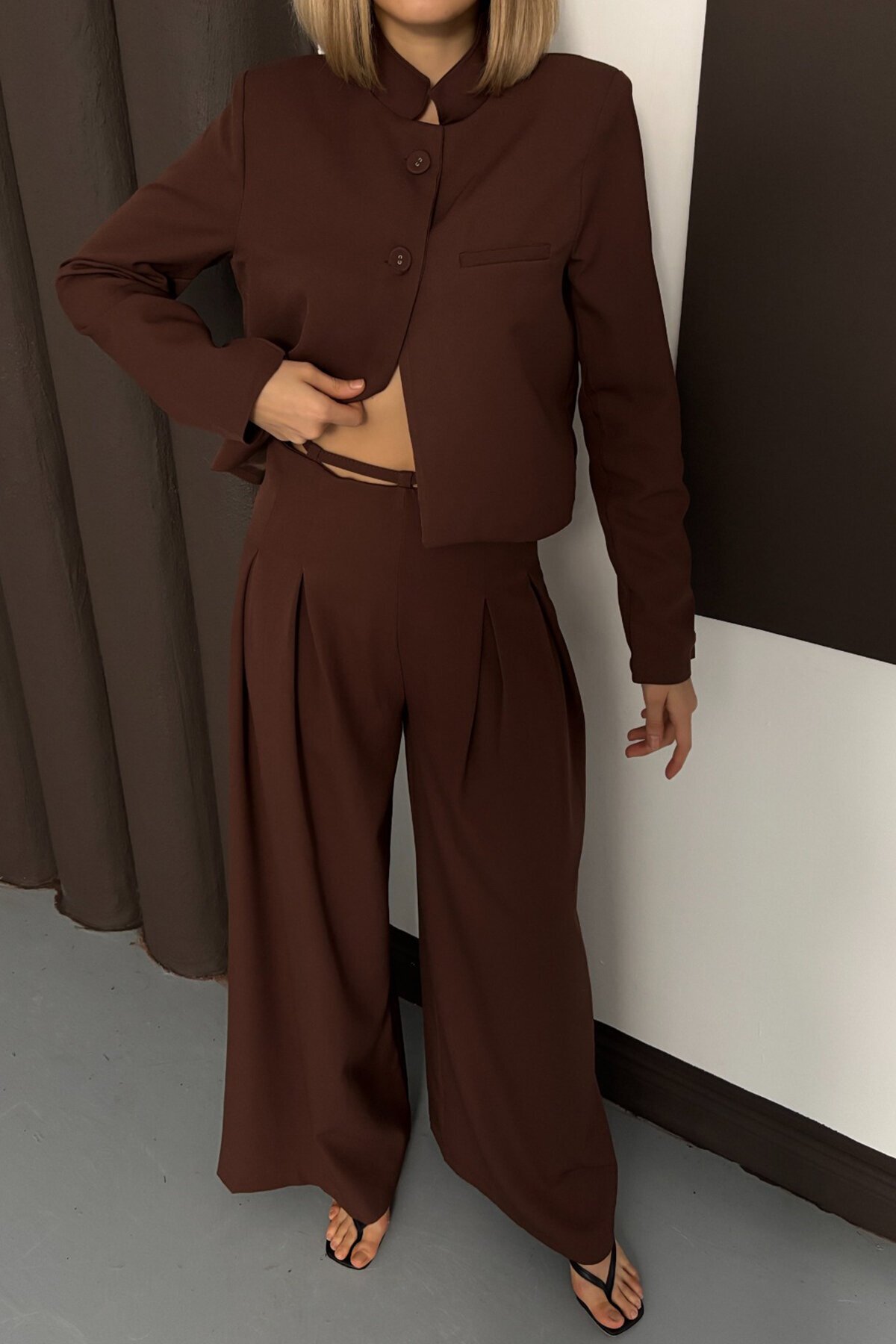Hakim Yaka Blazer Ceket ve Pileli Palazzo Pantolon Takım