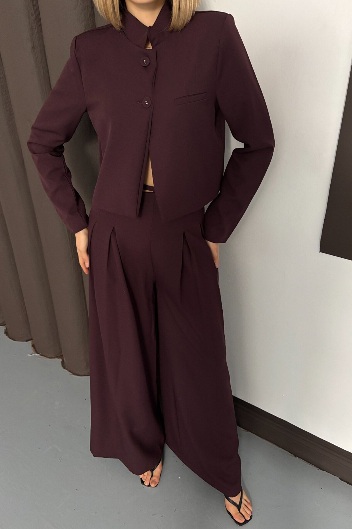 Hakim Yaka Blazer Ceket ve Pileli Palazzo Pantolon Takım