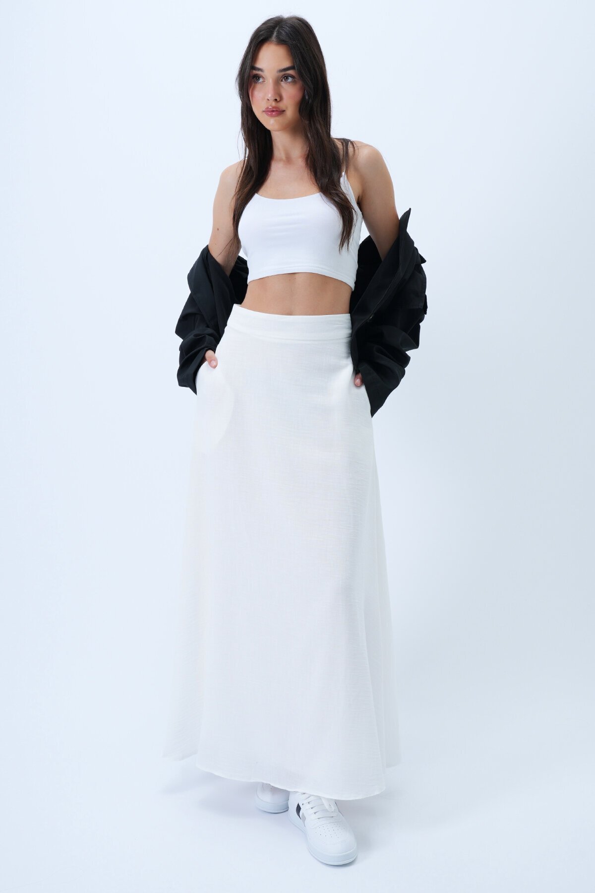 İçi Astarlı Çift Cepli Gizli Fermuarlı Dokuma Kloş Etek