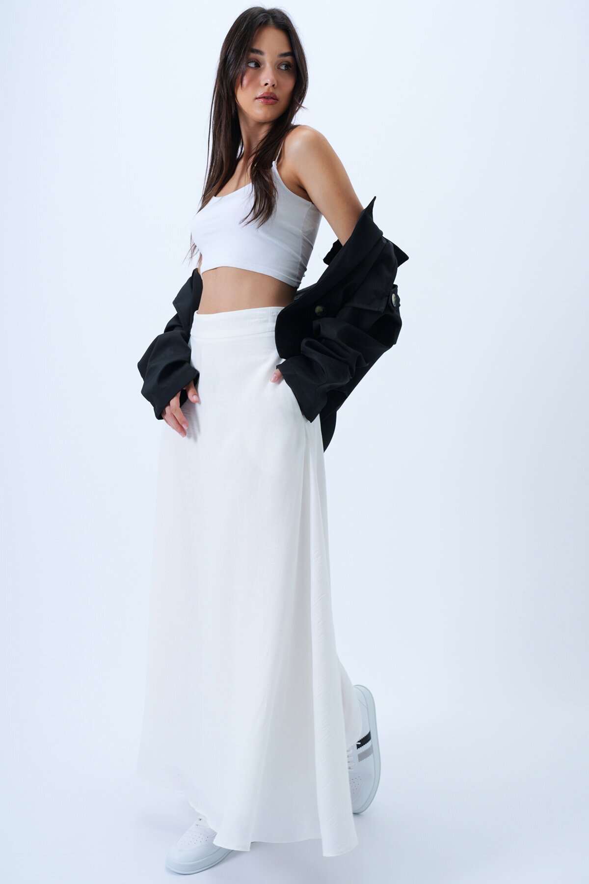 İçi Astarlı Çift Cepli Gizli Fermuarlı Dokuma Kloş Etek