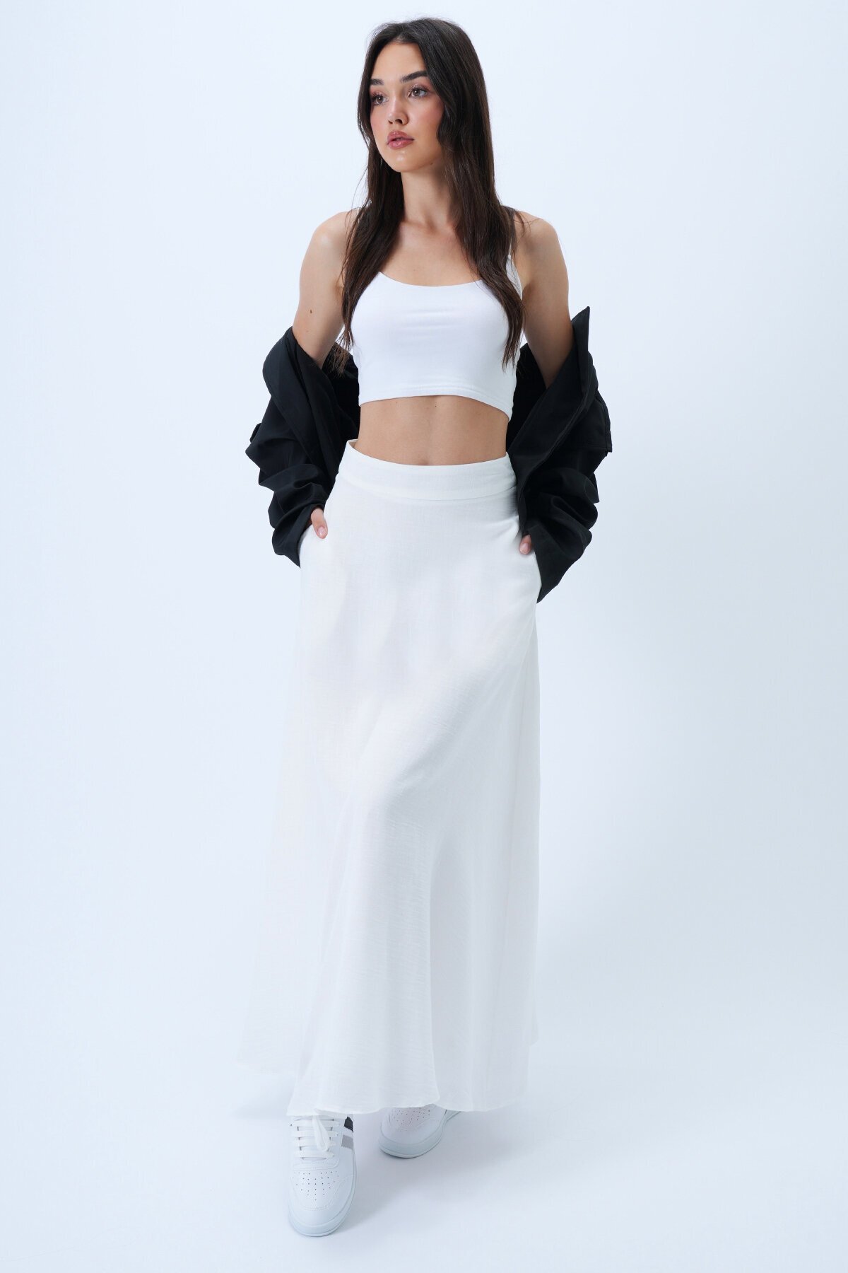 İçi Astarlı Çift Cepli Gizli Fermuarlı Dokuma Kloş Etek