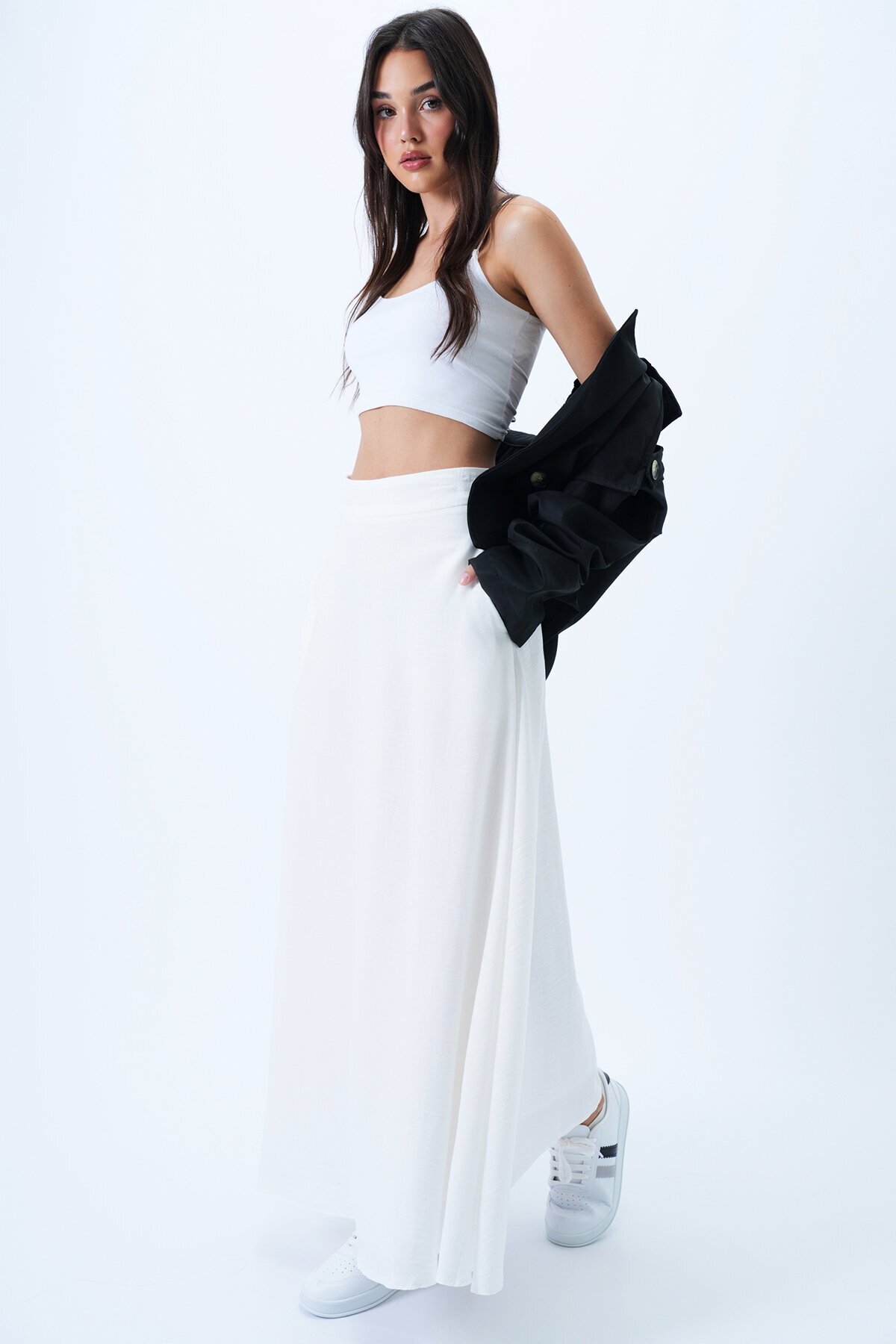 İçi Astarlı Çift Cepli Gizli Fermuarlı Dokuma Kloş Etek