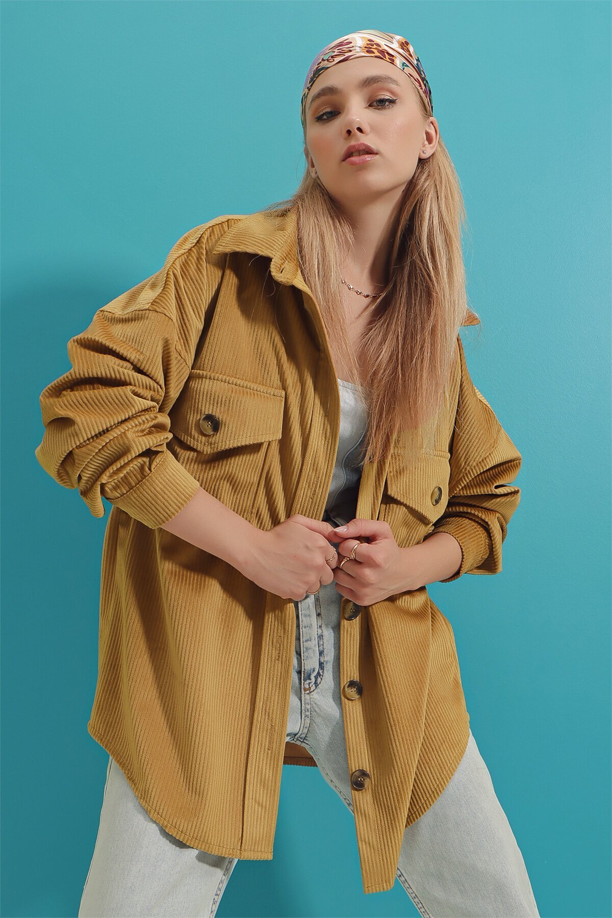 Kadife Pamuklu Çift Cep Oversize Ceket Gömlek