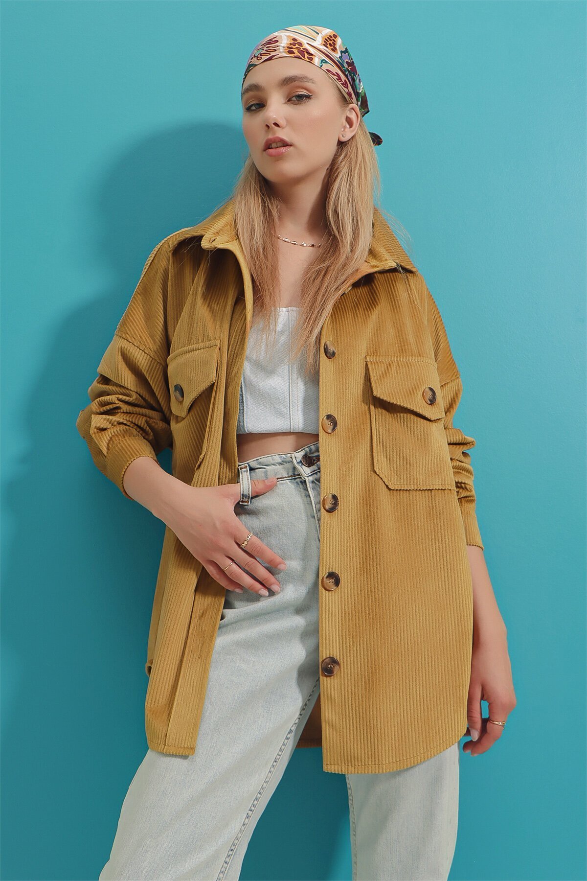 Kadife Pamuklu Çift Cep Oversize Ceket Gömlek