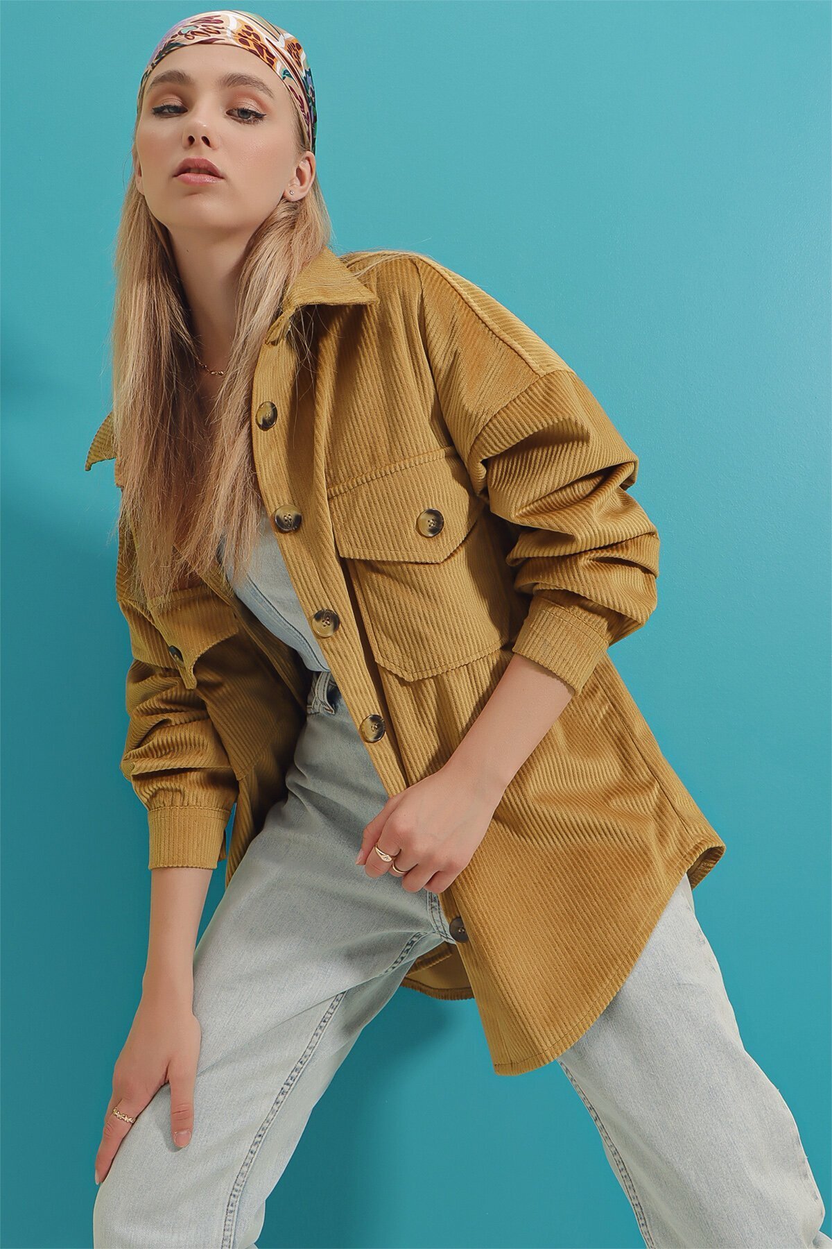 Kadife Pamuklu Çift Cep Oversize Ceket Gömlek