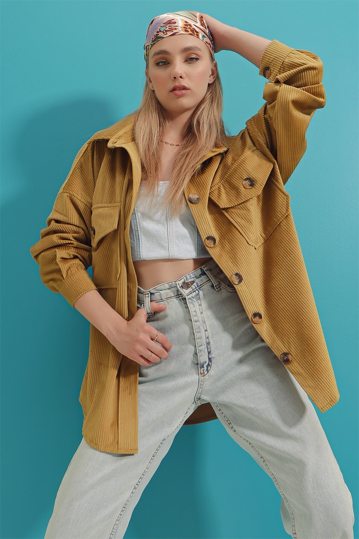 Kadife Pamuklu Çift Cep Oversize Ceket Gömlek