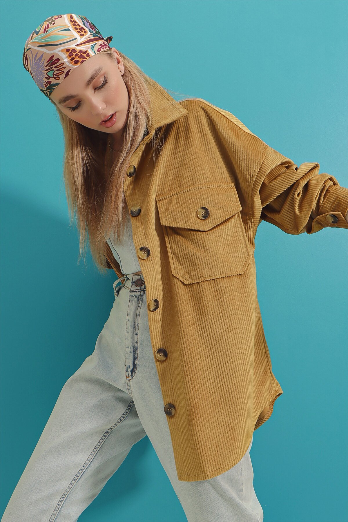 Kadife Pamuklu Çift Cep Oversize Ceket Gömlek