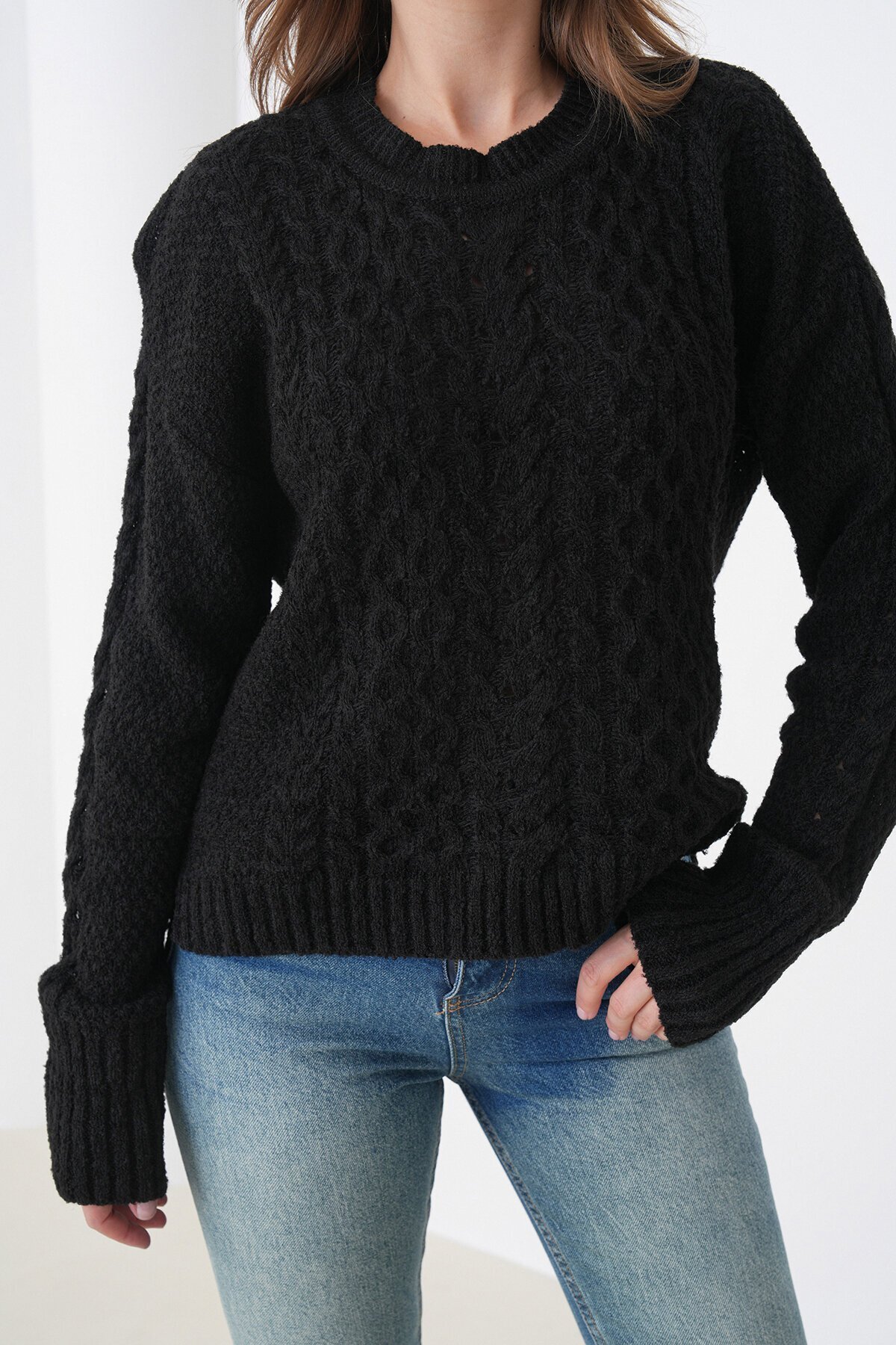 Kalın Örgü Desenli Bisiklet Yaka Triko Kazak