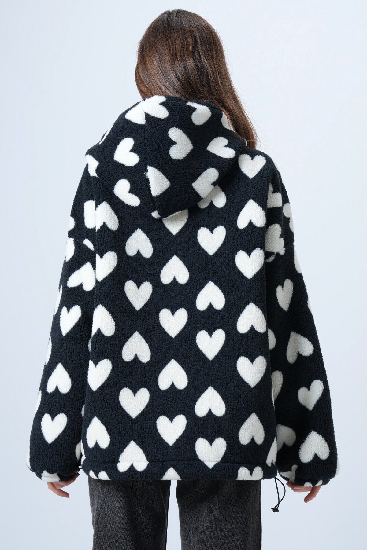 Kalpli Dik Yaka İçi Astarlı Cepli Oversize Peluş Mont