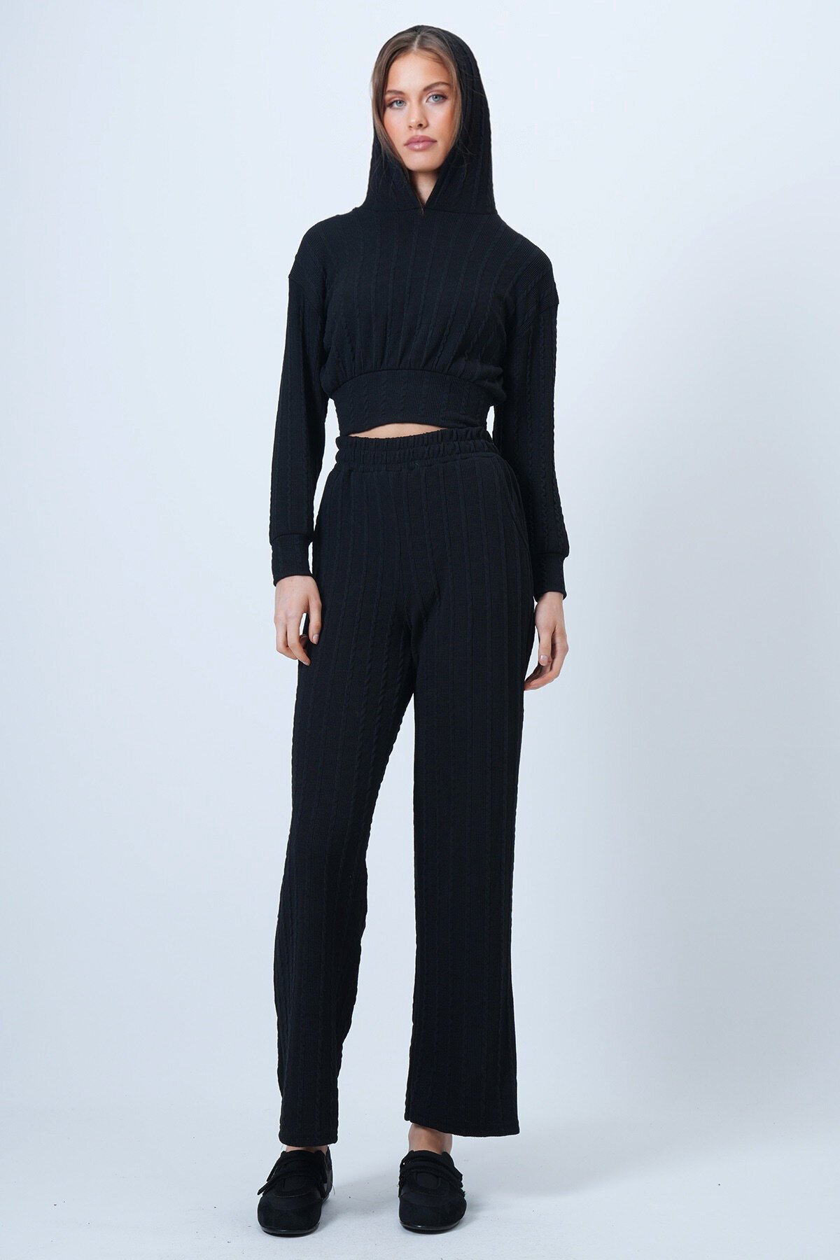 Kapüşonlu Ajurlu Triko Sweat Ve Beli Lastikli Palazzo Pantolon