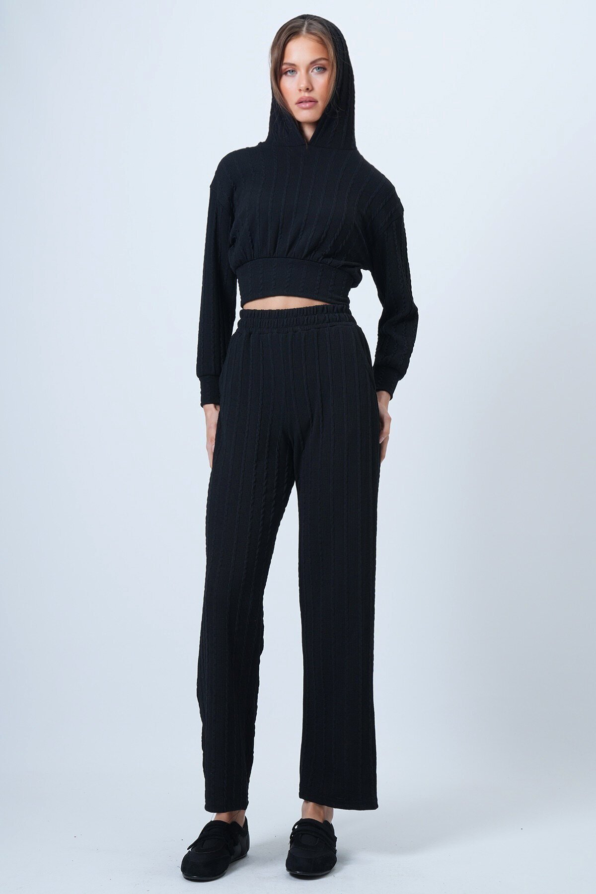 Kapüşonlu Ajurlu Triko Sweat Ve Beli Lastikli Palazzo Pantolon