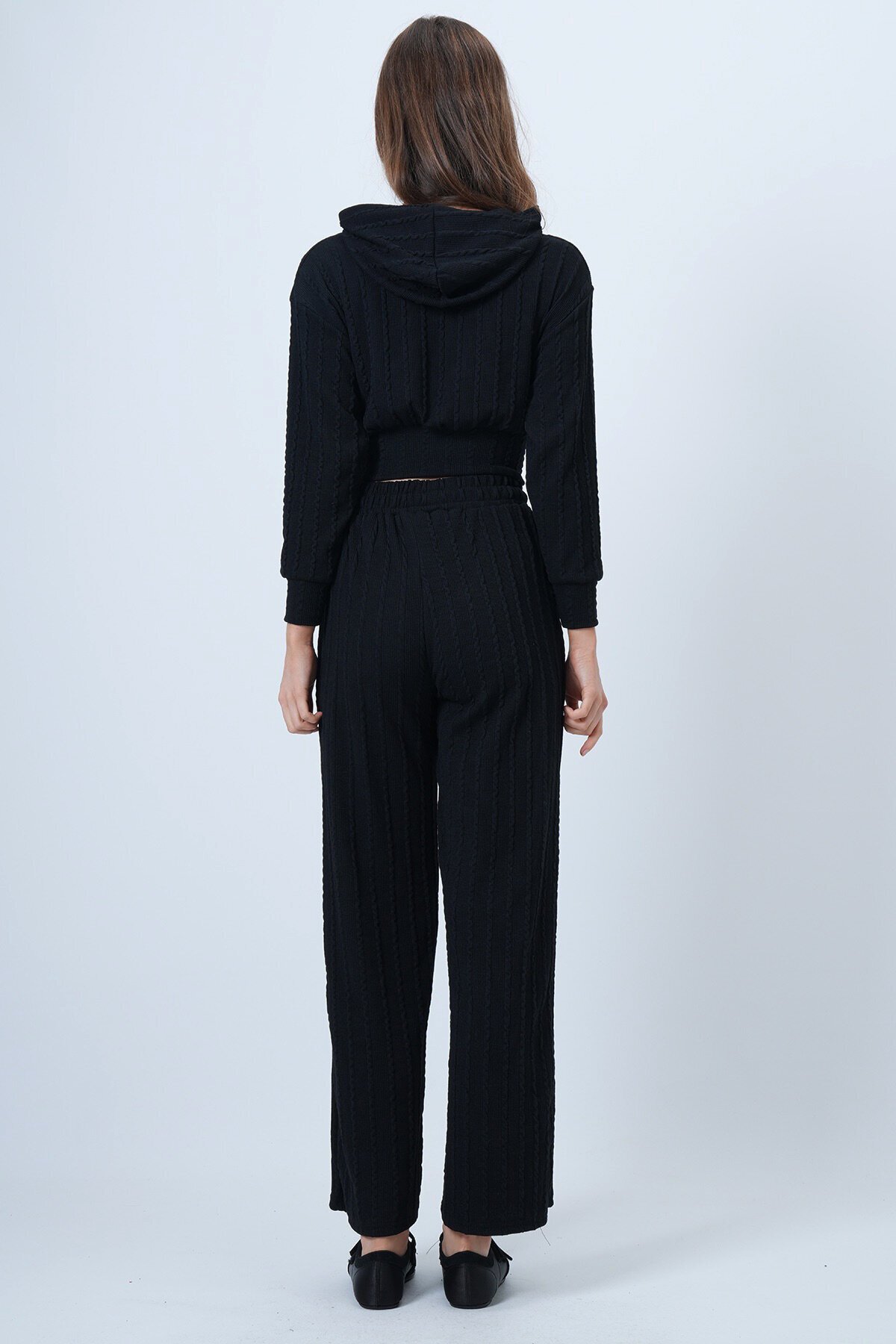 Kapüşonlu Ajurlu Triko Sweat Ve Beli Lastikli Palazzo Pantolon