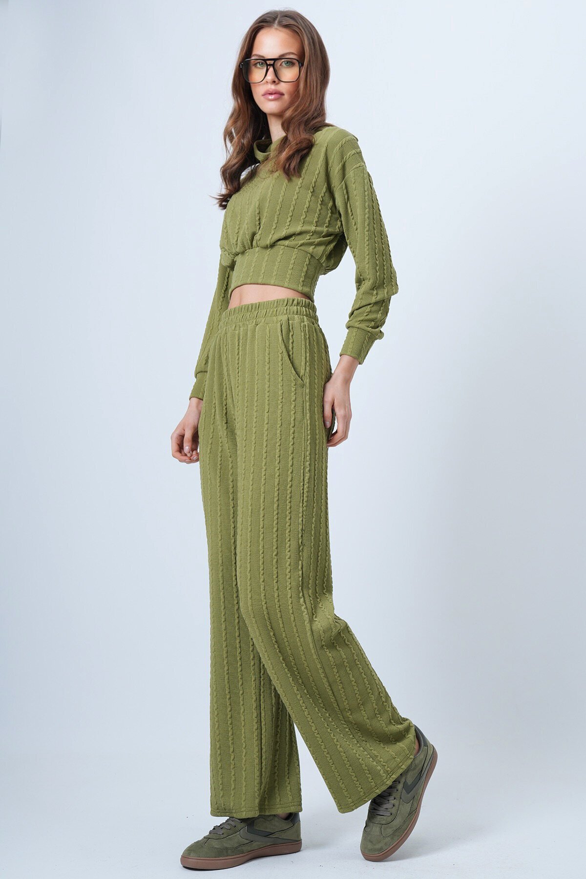 Kapüşonlu Ajurlu Triko Sweat Ve Beli Lastikli Palazzo Pantolon